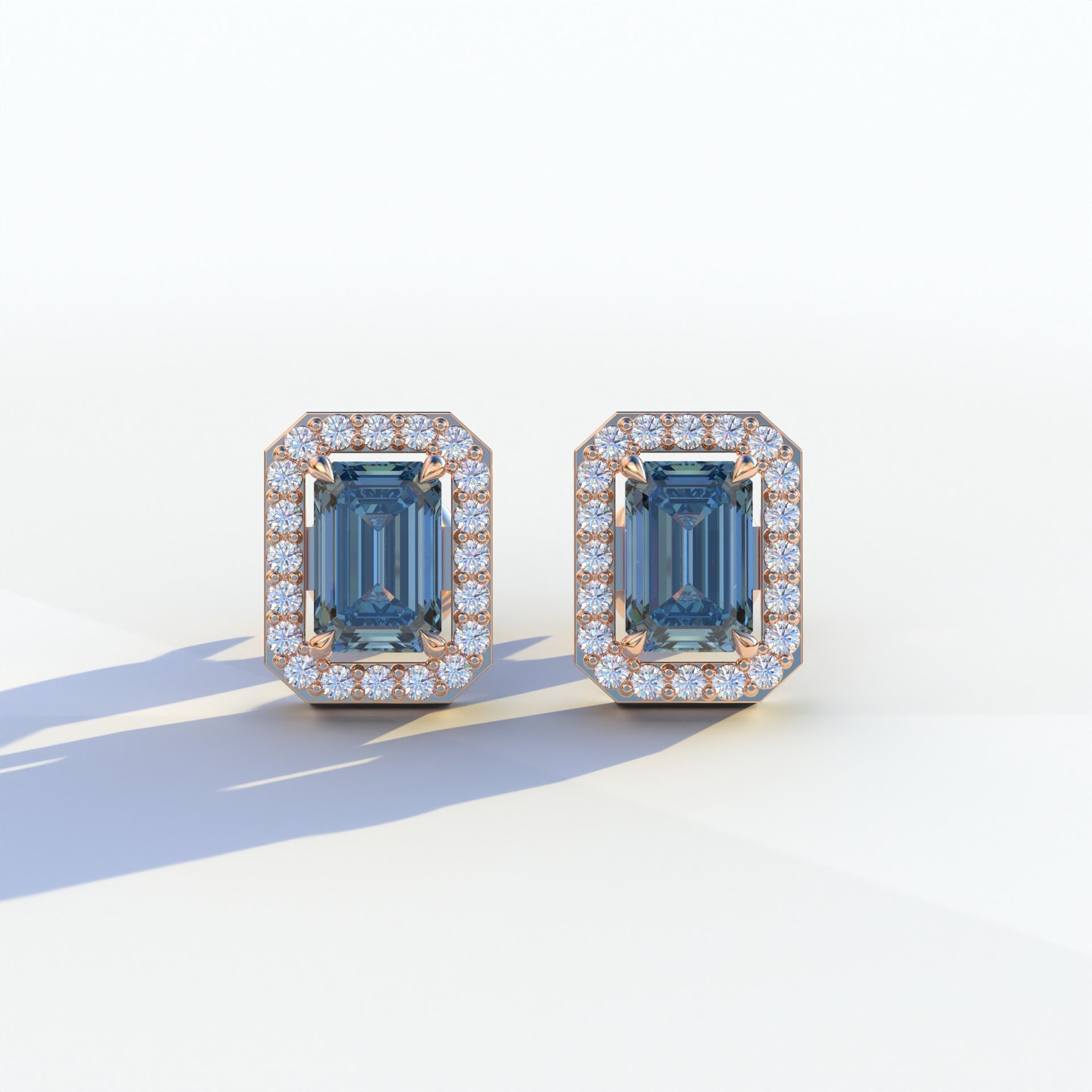 2 Carat Blue Emerald Cut Halo Setting Lab Diamond Stud Earrings - Hailey - 10K Solid Gold / Rose Gold