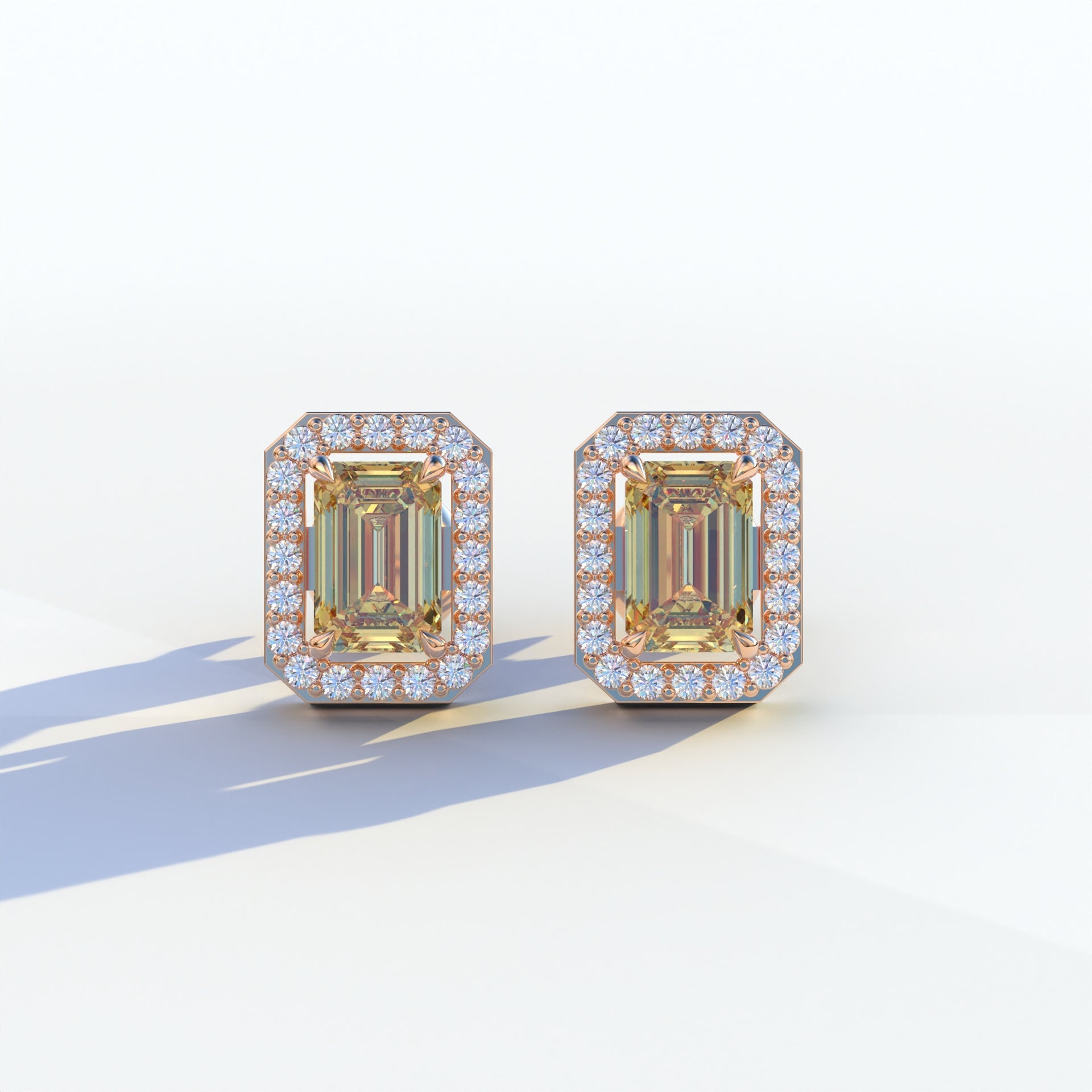 2 Carat Yellow Emerald Cut Halo Setting Lab Diamond Stud Earrings - Hailey - 10K Solid Gold / Rose Gold