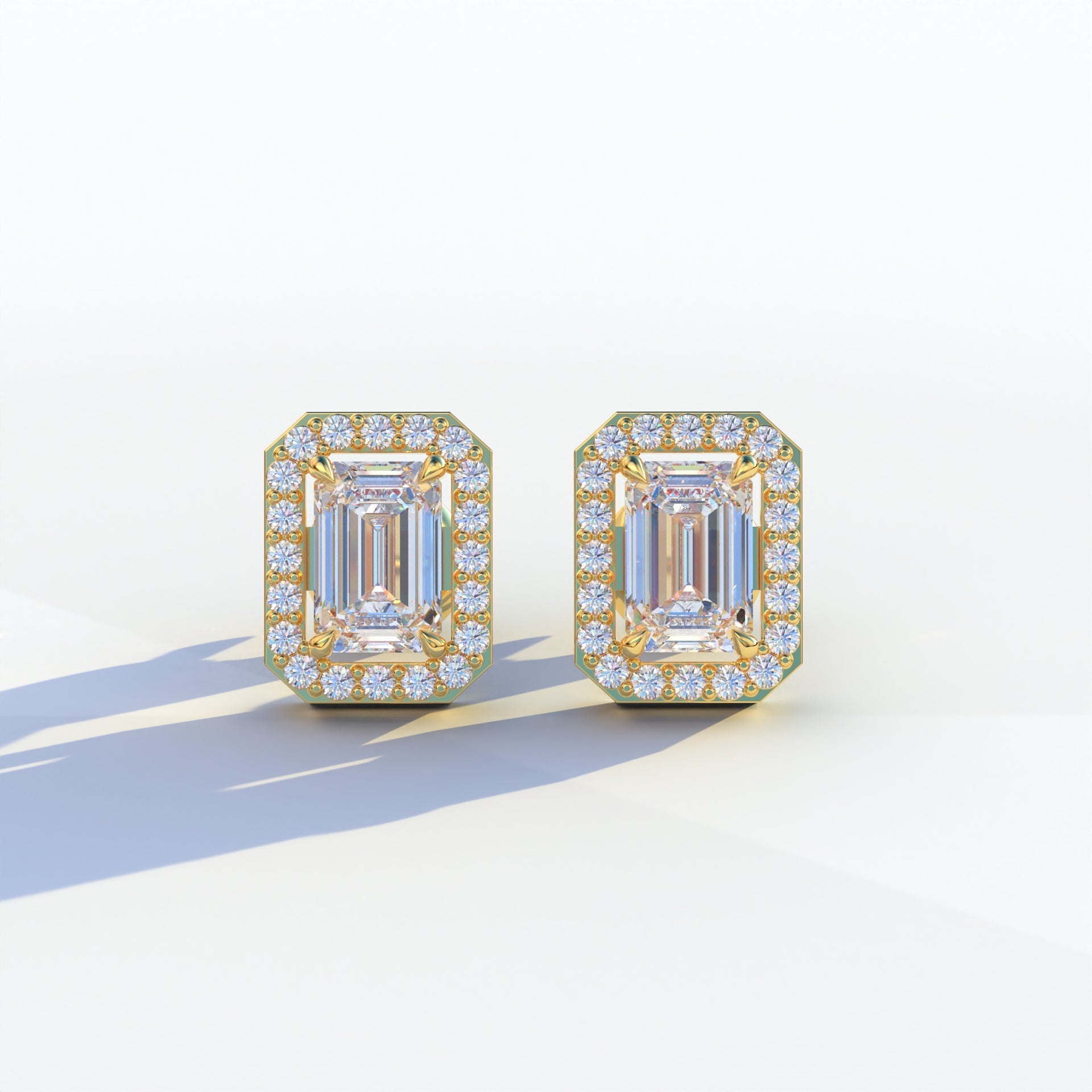 2 Carat Emerald Cut Halo Setting Lab Diamond Stud Earrings - Hailey - 10K Solid Gold / Yellow Gold