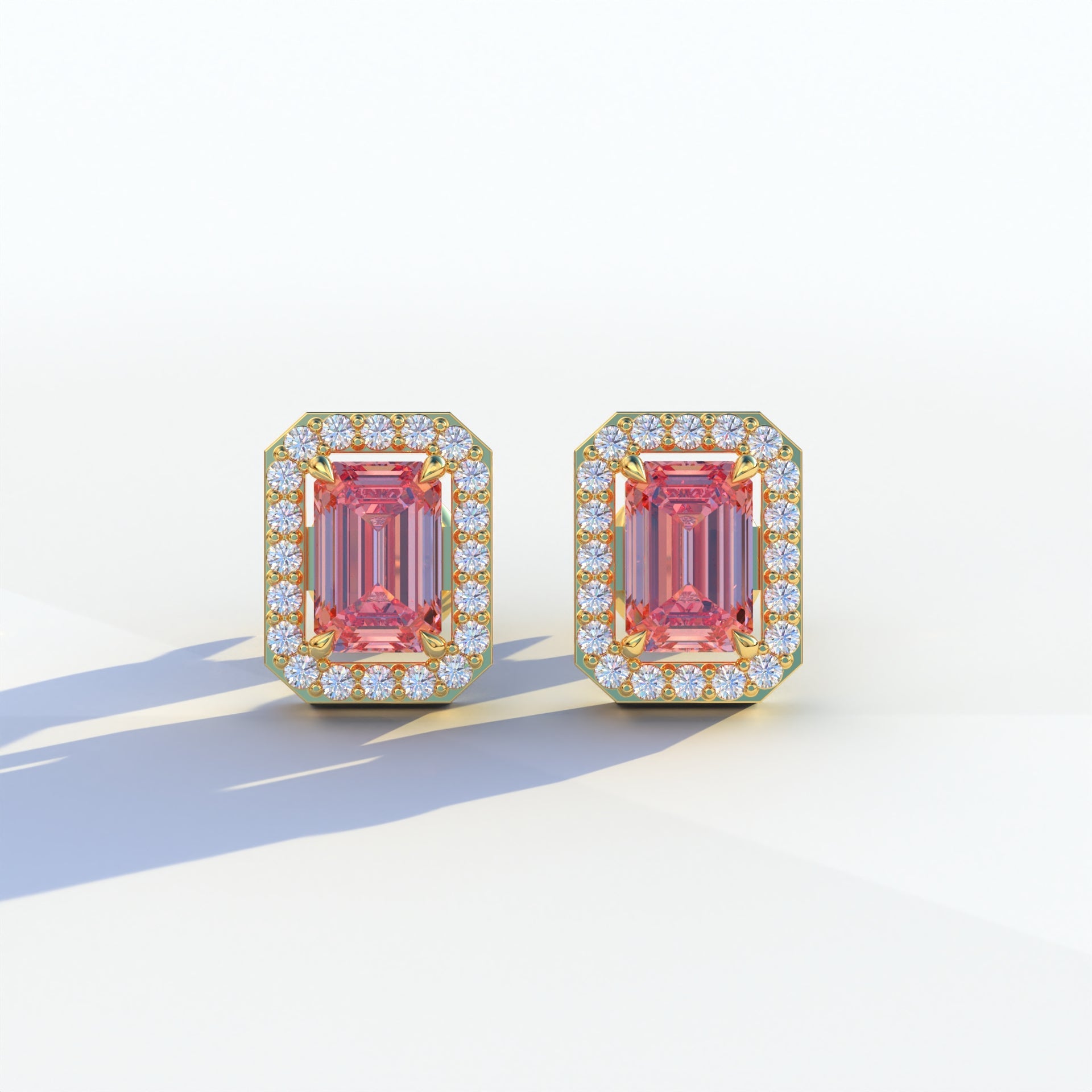 2 Carat Pink Emerald Cut Halo Setting Lab Diamond Stud Earrings - Hailey - 10K Solid Gold / Yellow Gold