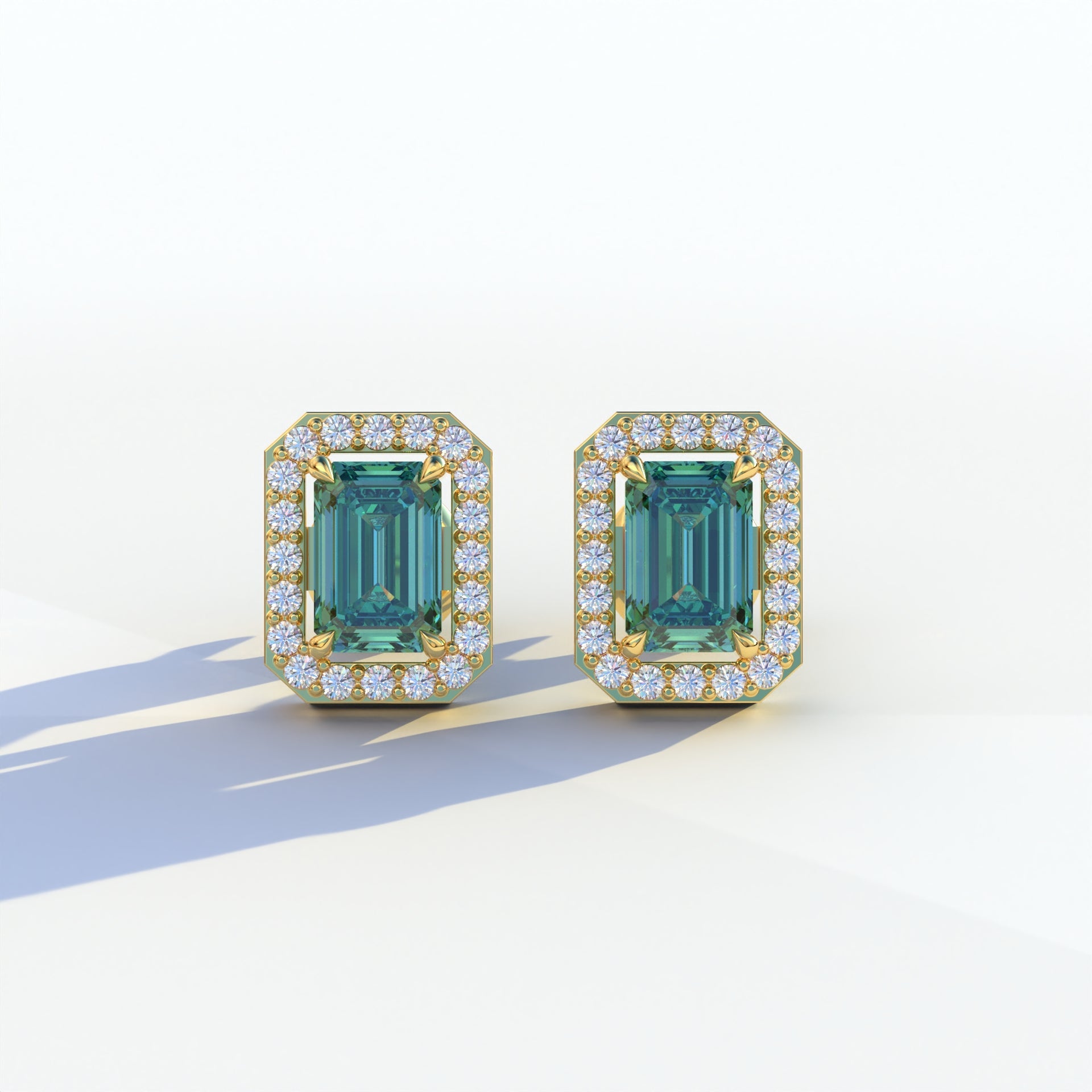 2 Carat Green Emerald Cut Halo Setting Lab Diamond Stud Earrings - Hailey - 10K Solid Gold / Yellow Gold