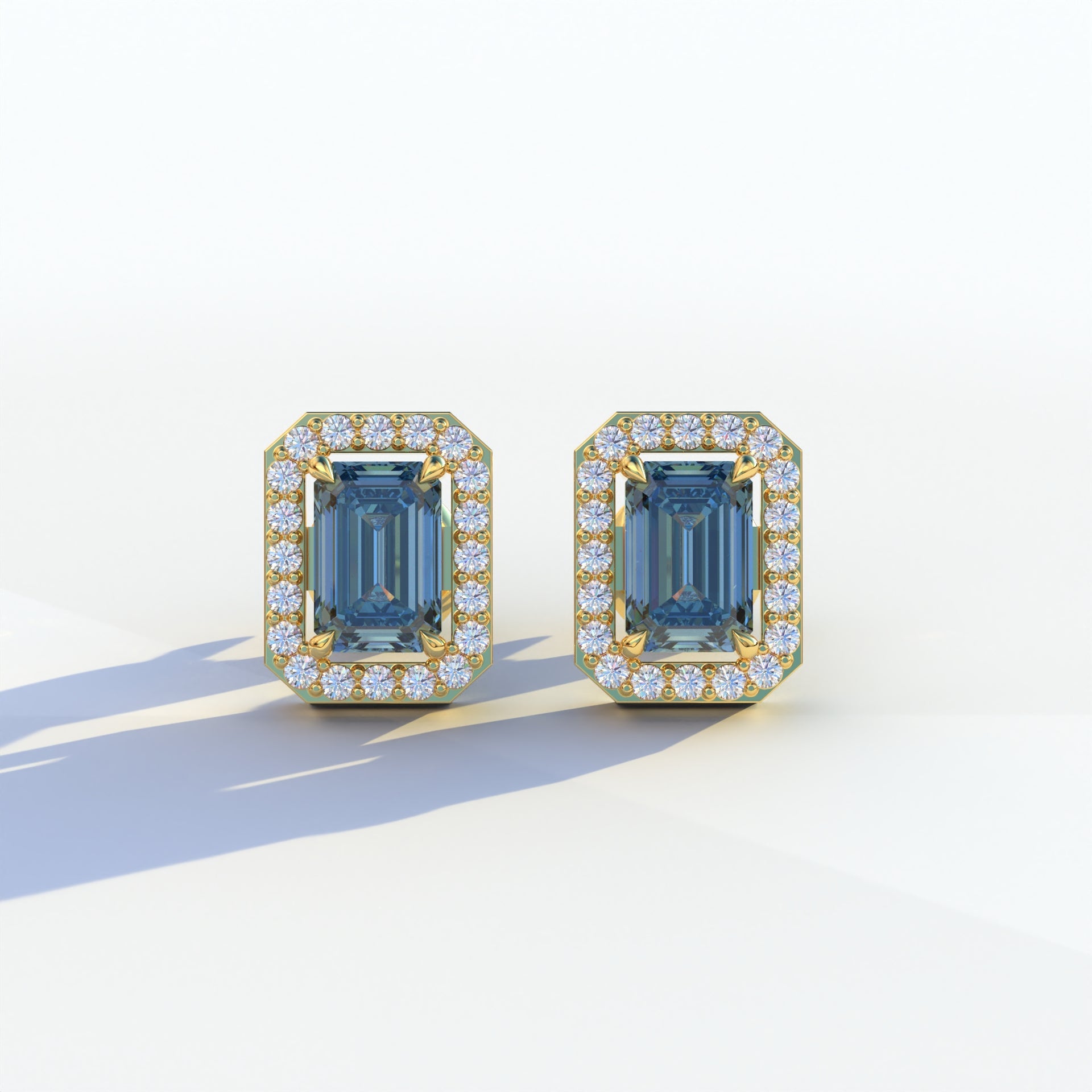 2 Carat Blue Emerald Cut Halo Setting Lab Diamond Stud Earrings - Hailey - 10K Solid Gold / Yellow Gold