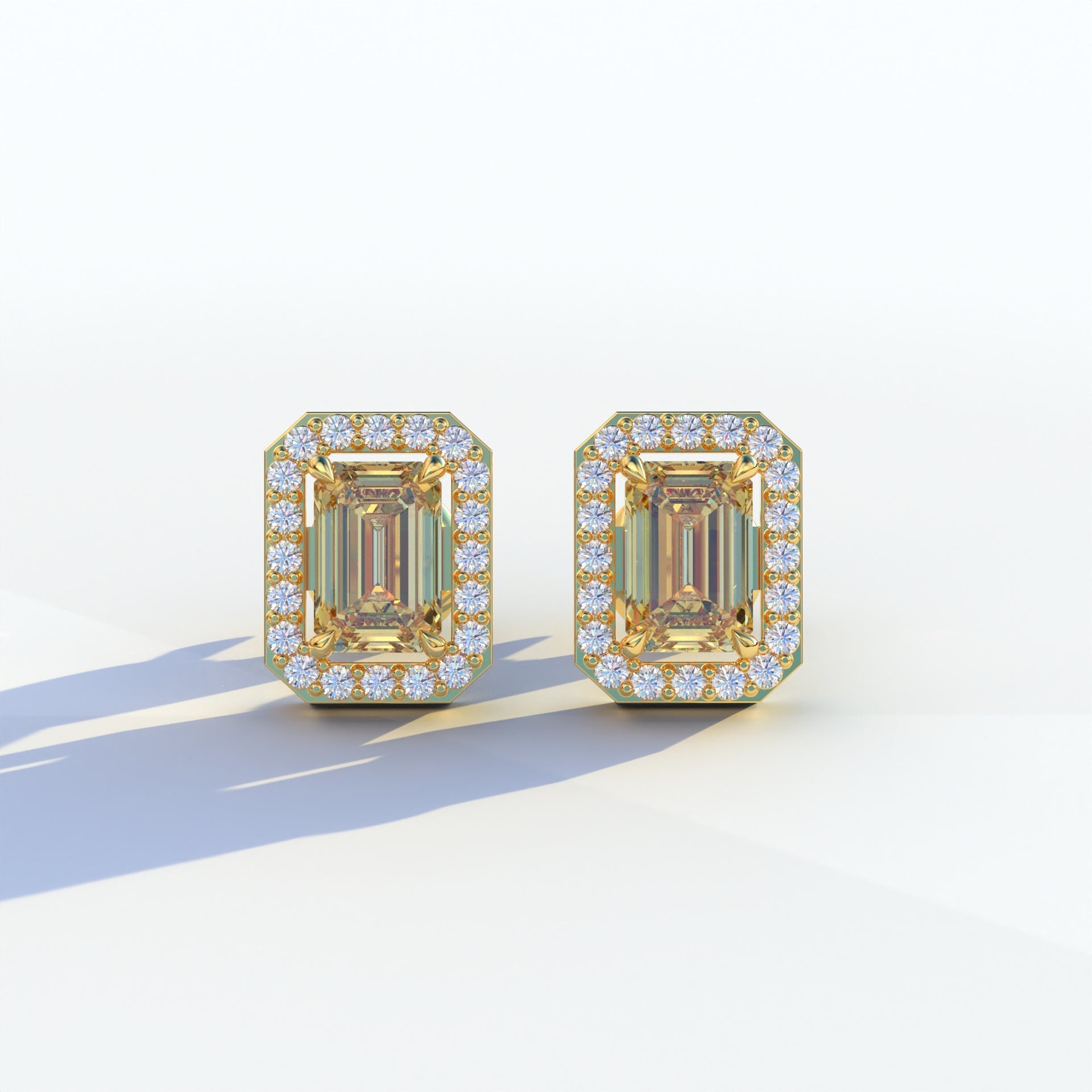 2 Carat Yellow Emerald Cut Halo Setting Lab Diamond Stud Earrings - Hailey - 10K Solid Gold / Yellow Gold