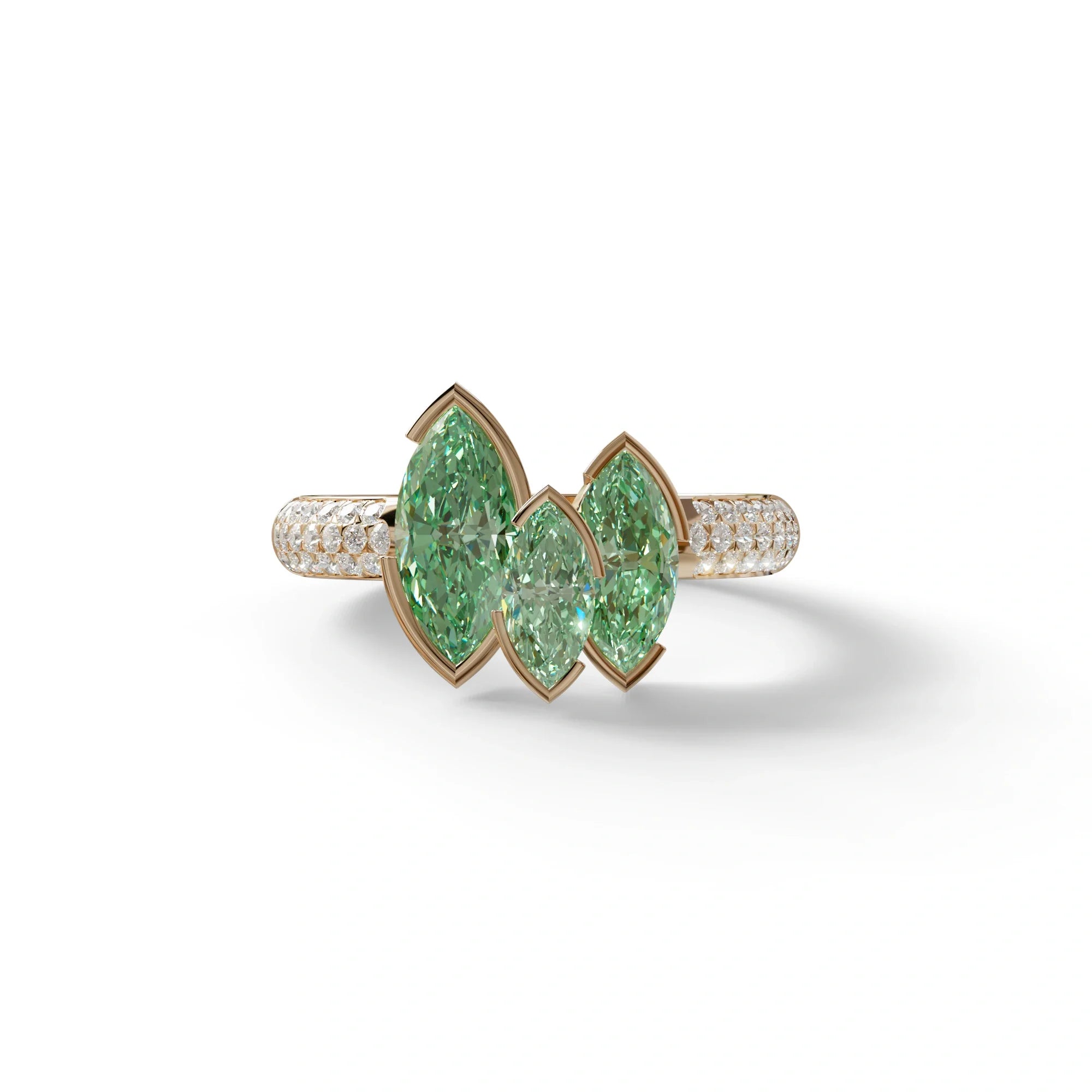 3 Stone 1.75 Ct Green Marquise Cut Pave Setting Lab Diamond Ring - Dutch - 10K Solid Gold / Rose Gold