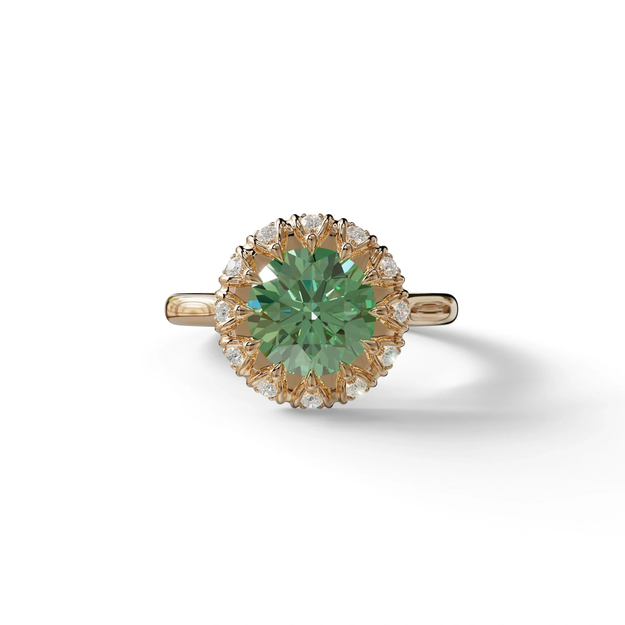 3 Carat Green Round Shaped Halo Lab Diamond Ring - Sunflower - 10K Solid Gold / Rose Gold