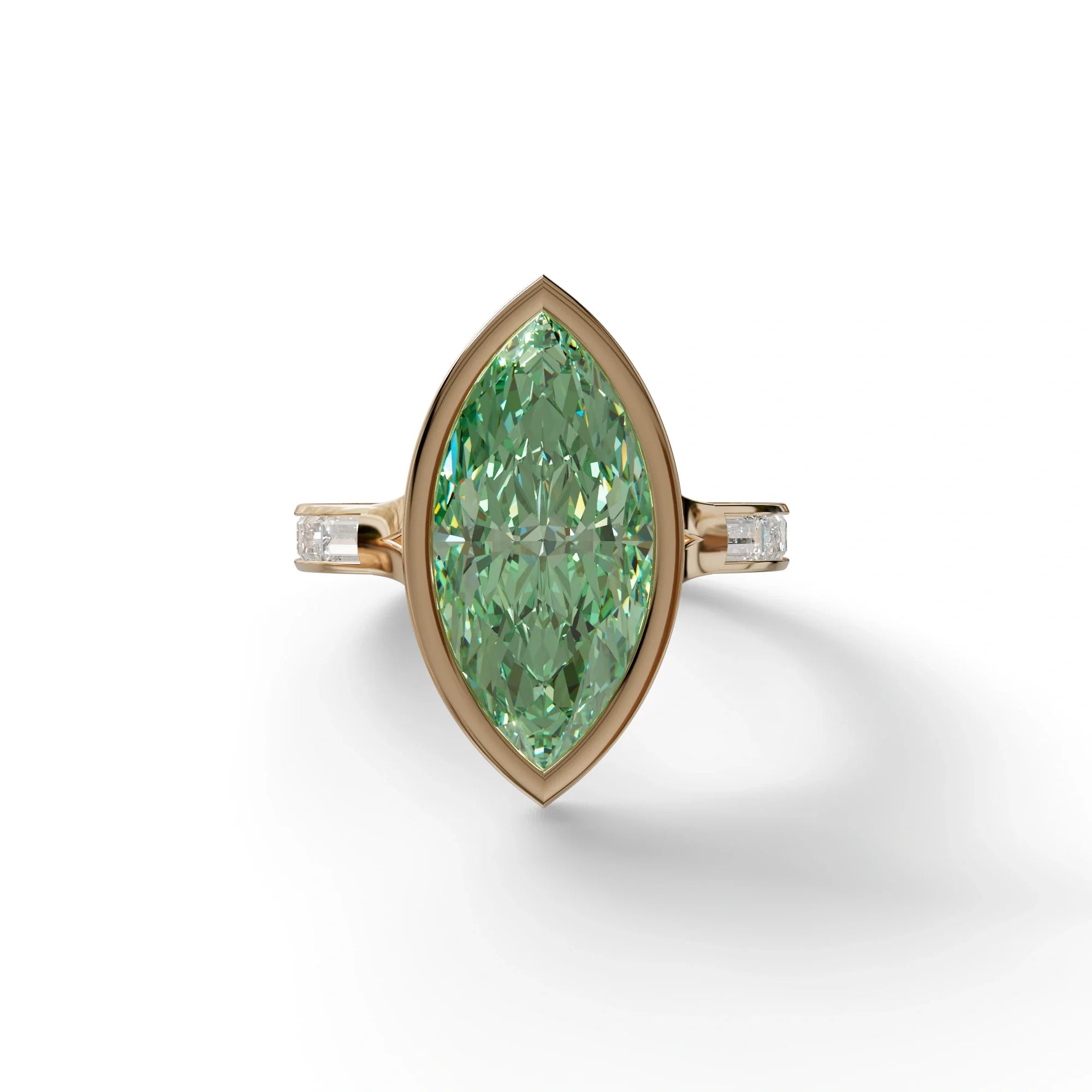 3 Ct Marquise Cut Green Color Lab Diamond Ring With Bezel Set - Kayla - 10K Solid Gold / Rose Gold