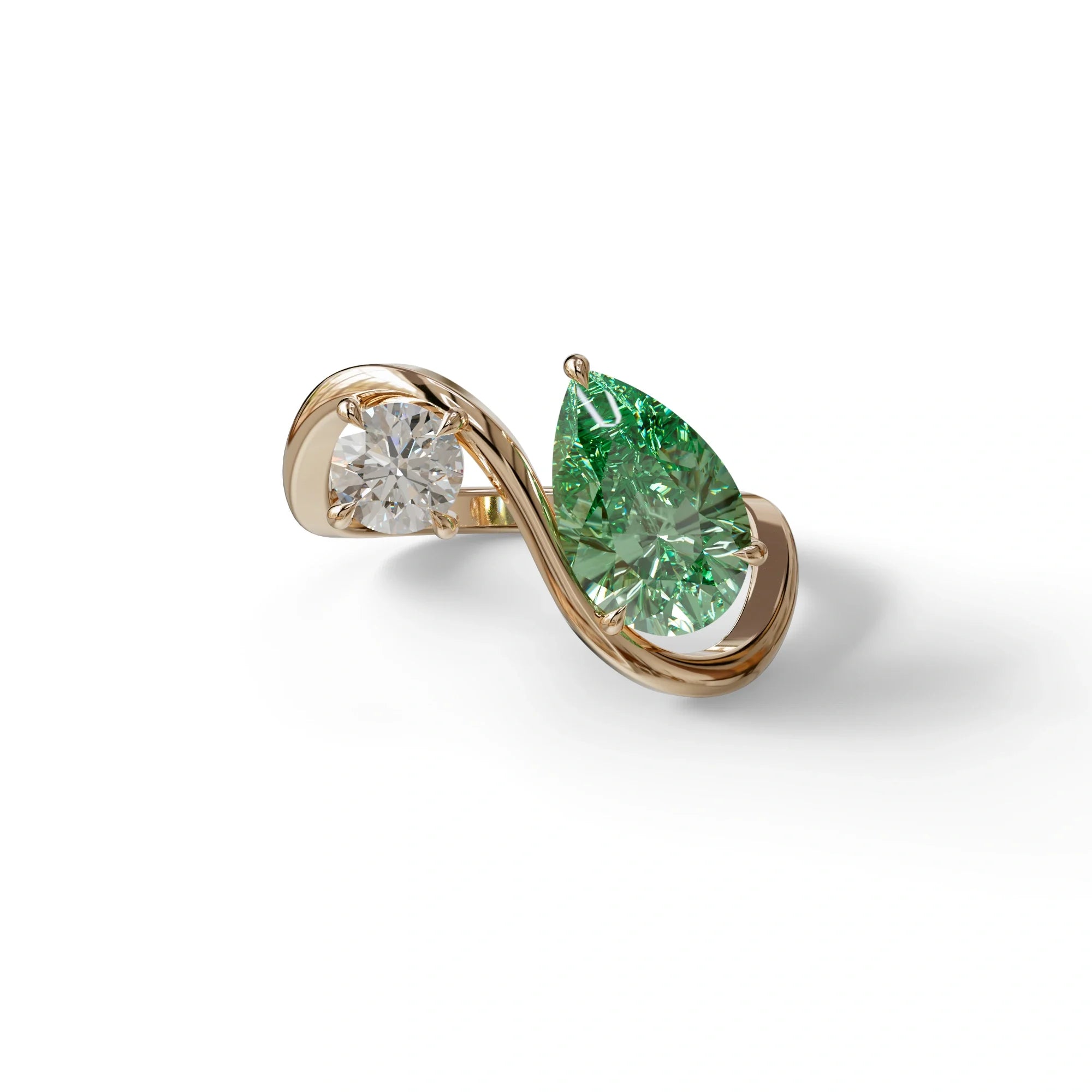 2.8 Carat Green Pear and Round Cut Lab Diamond Engagement Ring - Toi Et Moi - 10K Solid Gold / Rose Gold