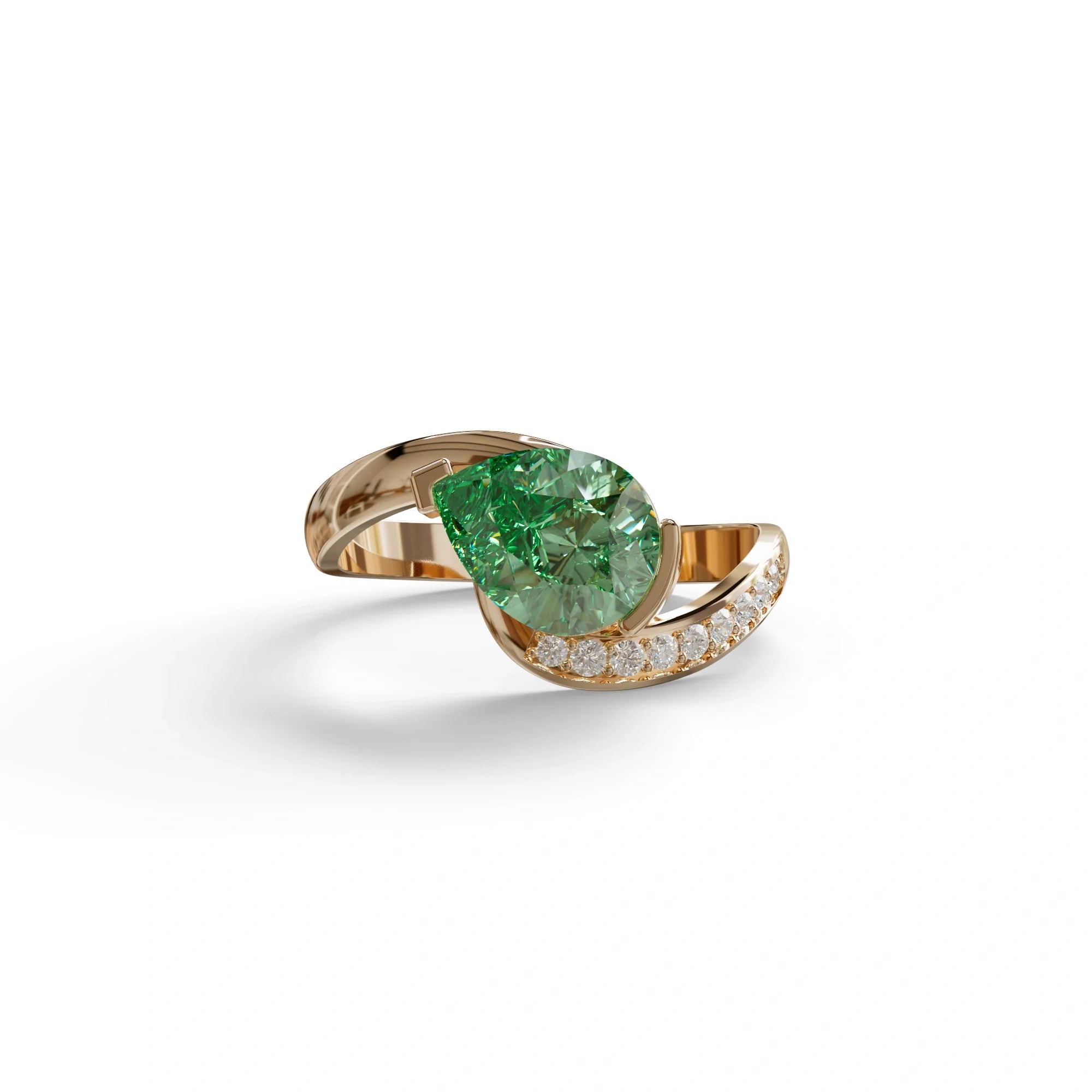 1 Carat Green Pear Cut Unique Lab Grown Diamond Ring - Capricorn - 10K Solid Gold / Rose Gold