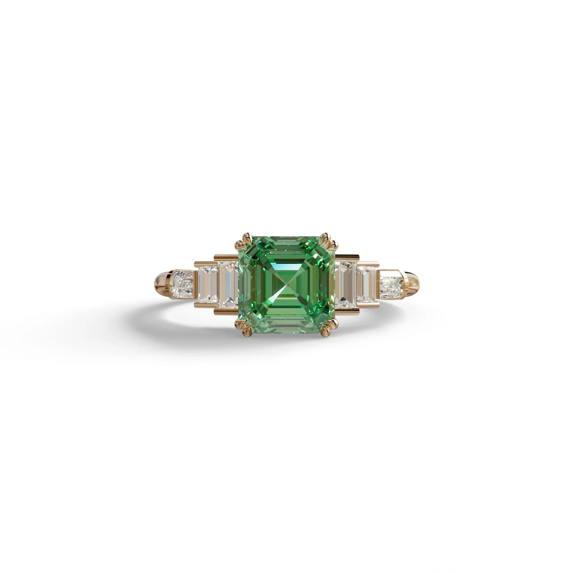 3 Carat Green Asscher Three Stone Lab grown Diamond Ring - Vetra - 10K Solid Gold / Rose Gold