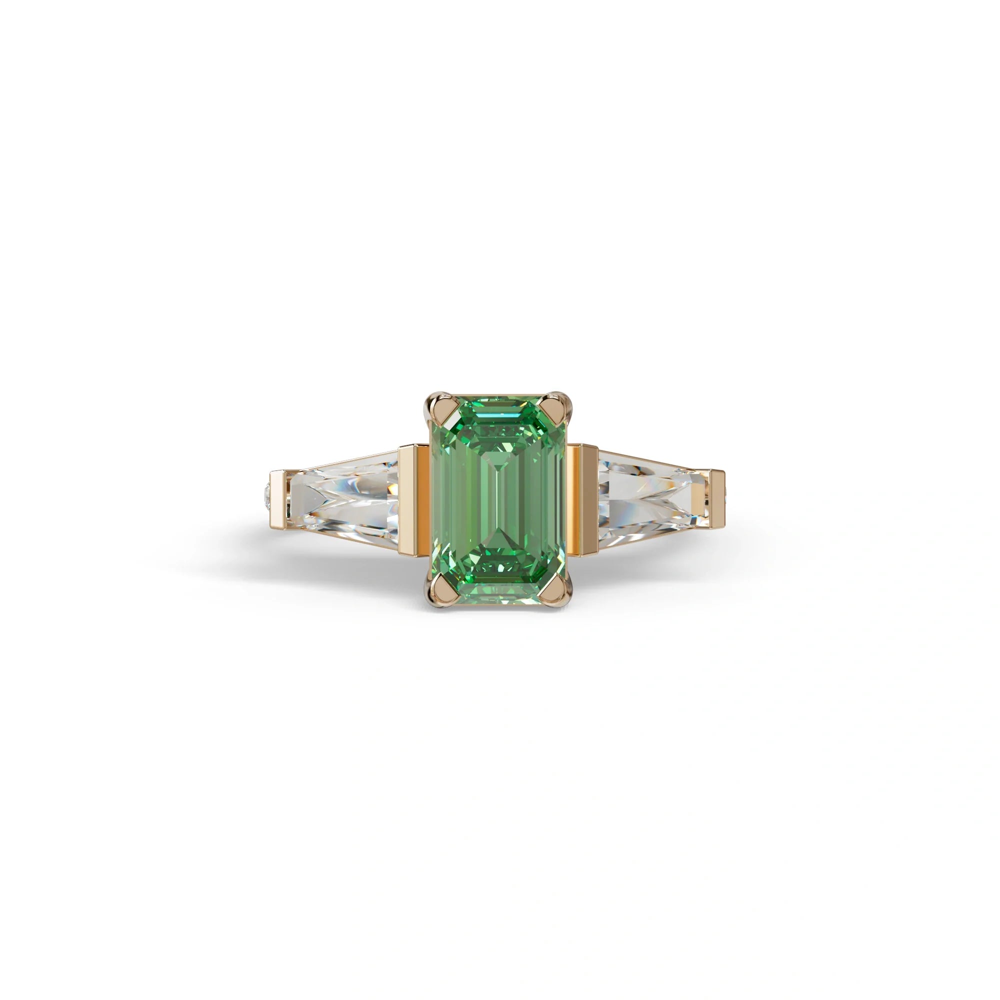 1.50 Carat Green Emerald with Tapered Cut Lab Grown Diamond Ring - Libra - 10K Solid Gold / Rose Gold