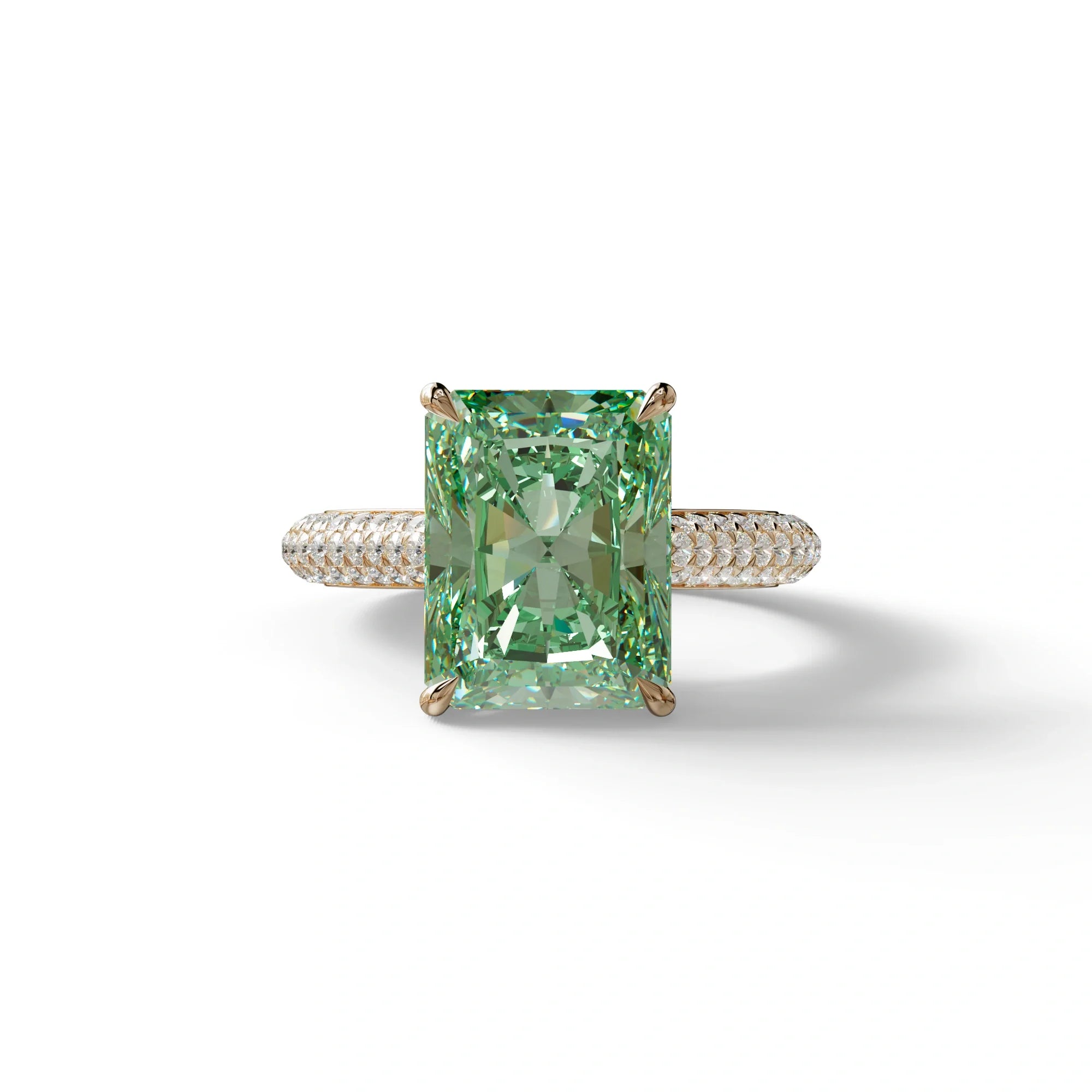 3 Carat Green Radiant Cut Hidden Halo & Pave Set Lab Diamond Ring - Riviera - 10K Solid Gold / Rose Gold