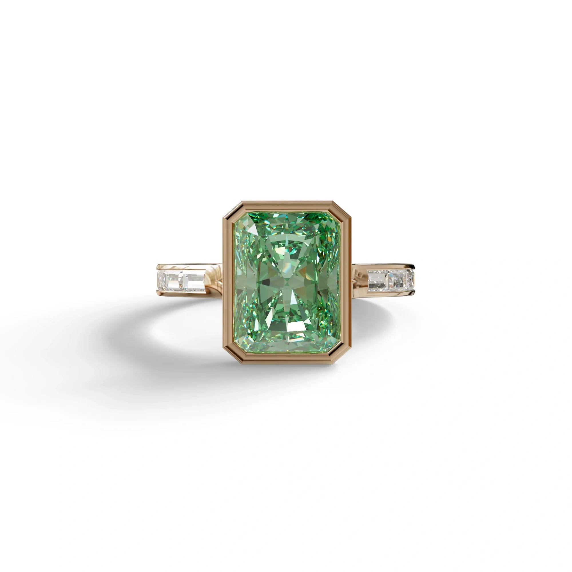 3 Ct Radiant Cut Green Color Lab Diamond Ring - Olympia - 10K Solid Gold / Rose Gold