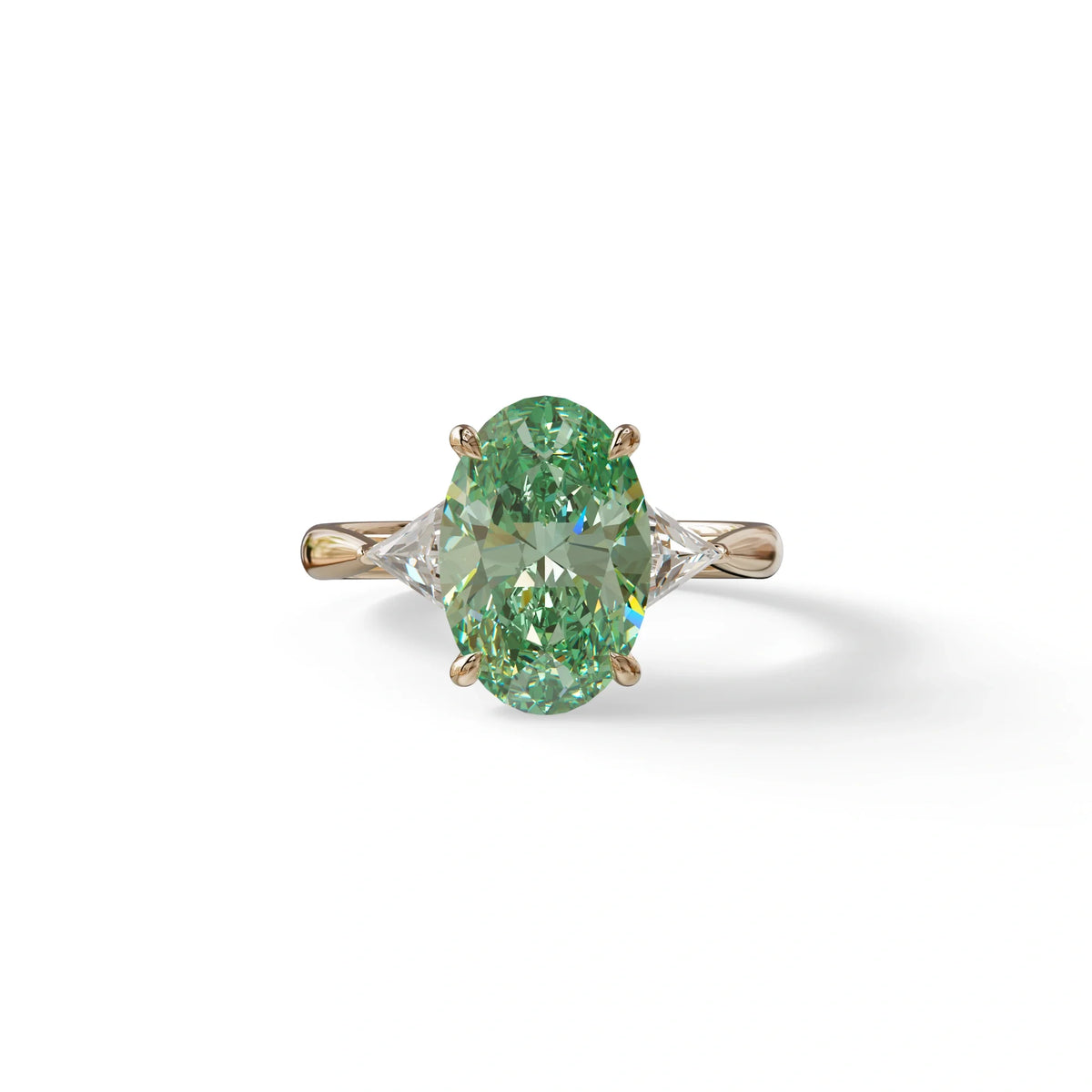 3Ct Green Oval Cut Lab Grown Diamond Three Stone Engagement Ring - Myza - 10K Solid Gold / Rose Gold