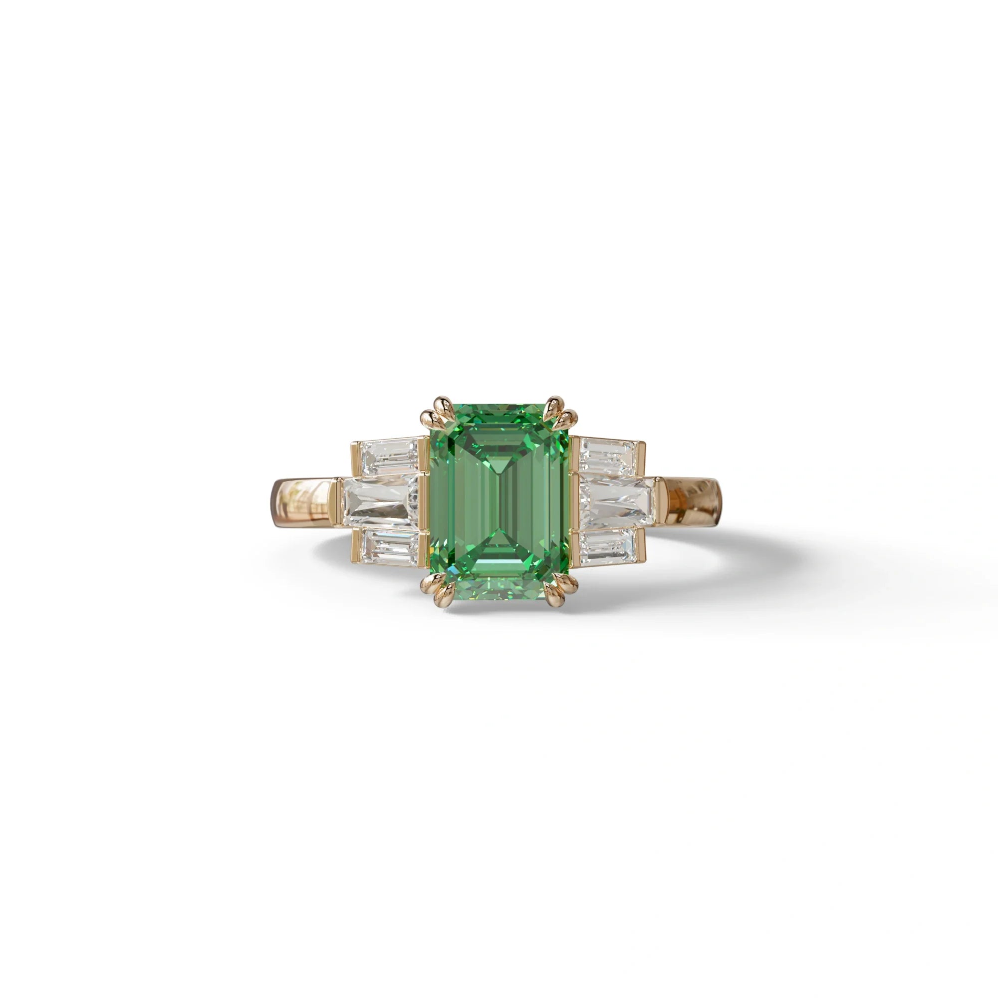 3 Carat Emerald Cut Green Lab Grown Diamond Multi Stone Ring Ring - Leela - 10K Solid Gold / Rose Gold