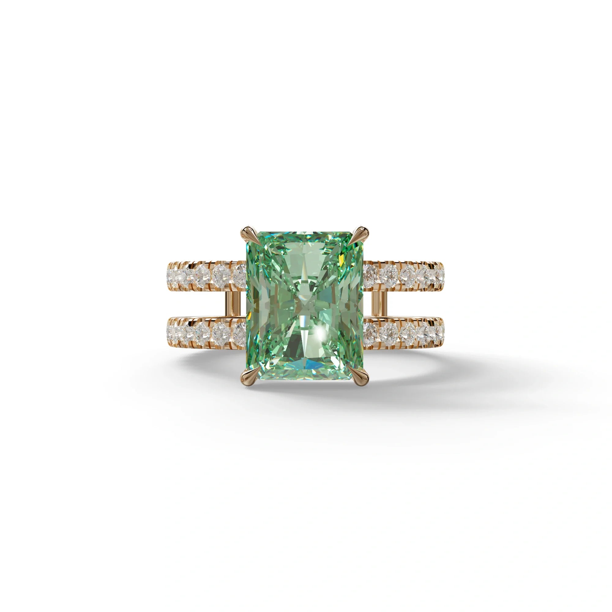 Green Color Radiant Cut Lab Diamond Engagement Ring | Double Band Hidden Halo - Billie - 10K Solid Gold / Rose Gold