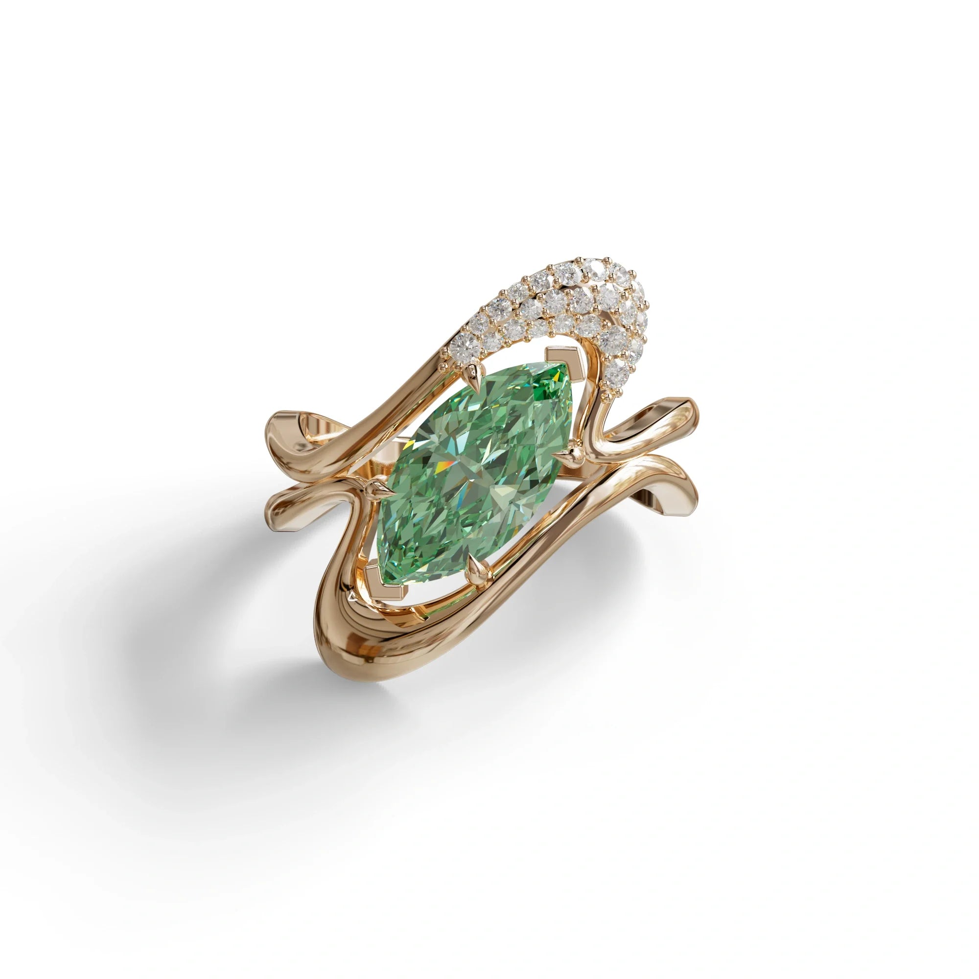 3 Carat Marquise Cut Green Lab Grown Diamond Curve Ring - Myka - 10K Solid Gold / Rose Gold