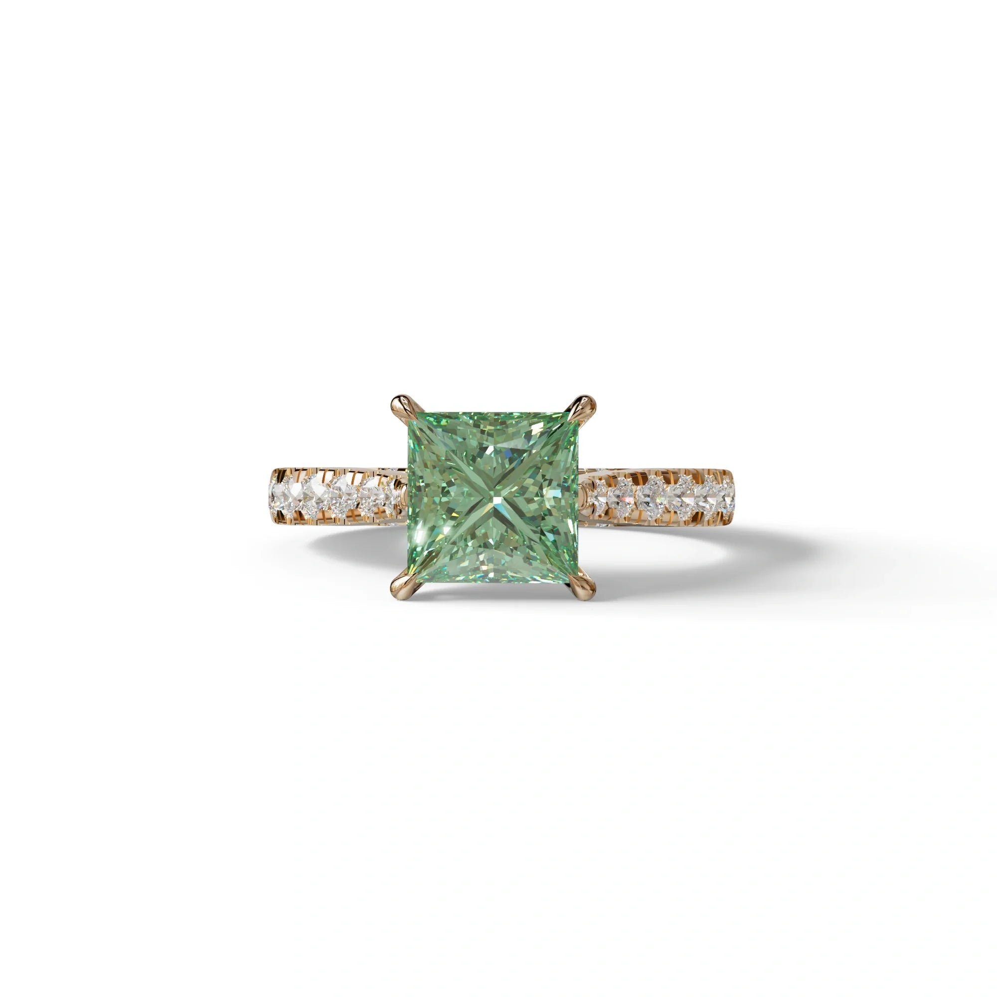 2.5 Carat Green Princess Cut Hidden Halo & Pave Lab Diamond Ring - Aries - 10K Solid Gold / Rose Gold