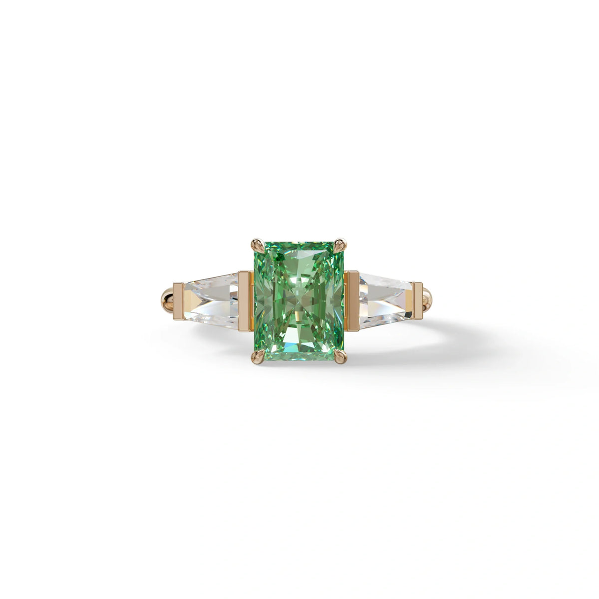 3Ct Green Radiant & Tapered Cut Lab Grown Diamond Three Stone Engagement Ring - Yana - 10K Solid Gold / Rose Gold