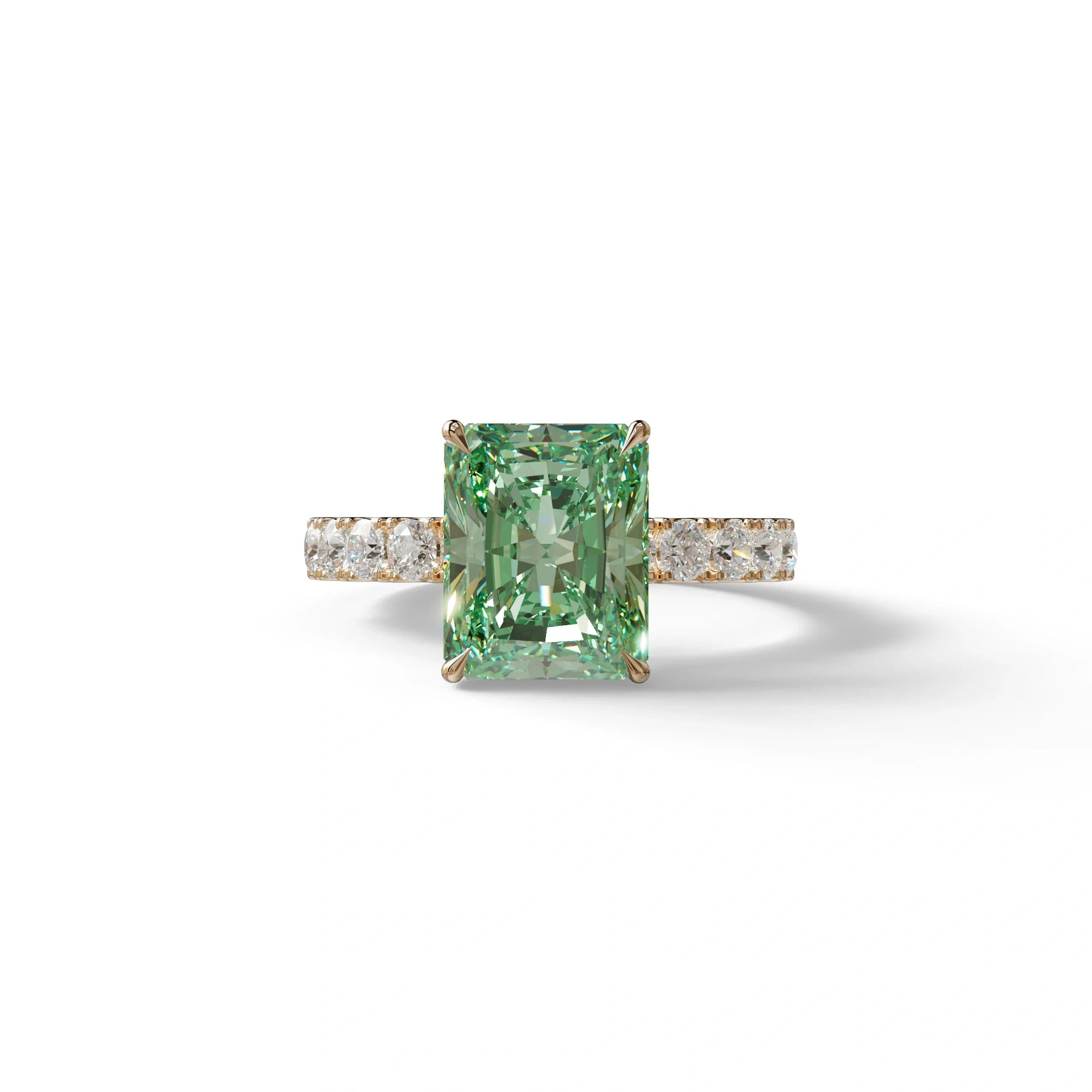 3 Carat Green Radiant Cut Lab Diamond Hidden Halo Engagement Ring - Lace Bridge - 10K Solid Gold / Rose Gold