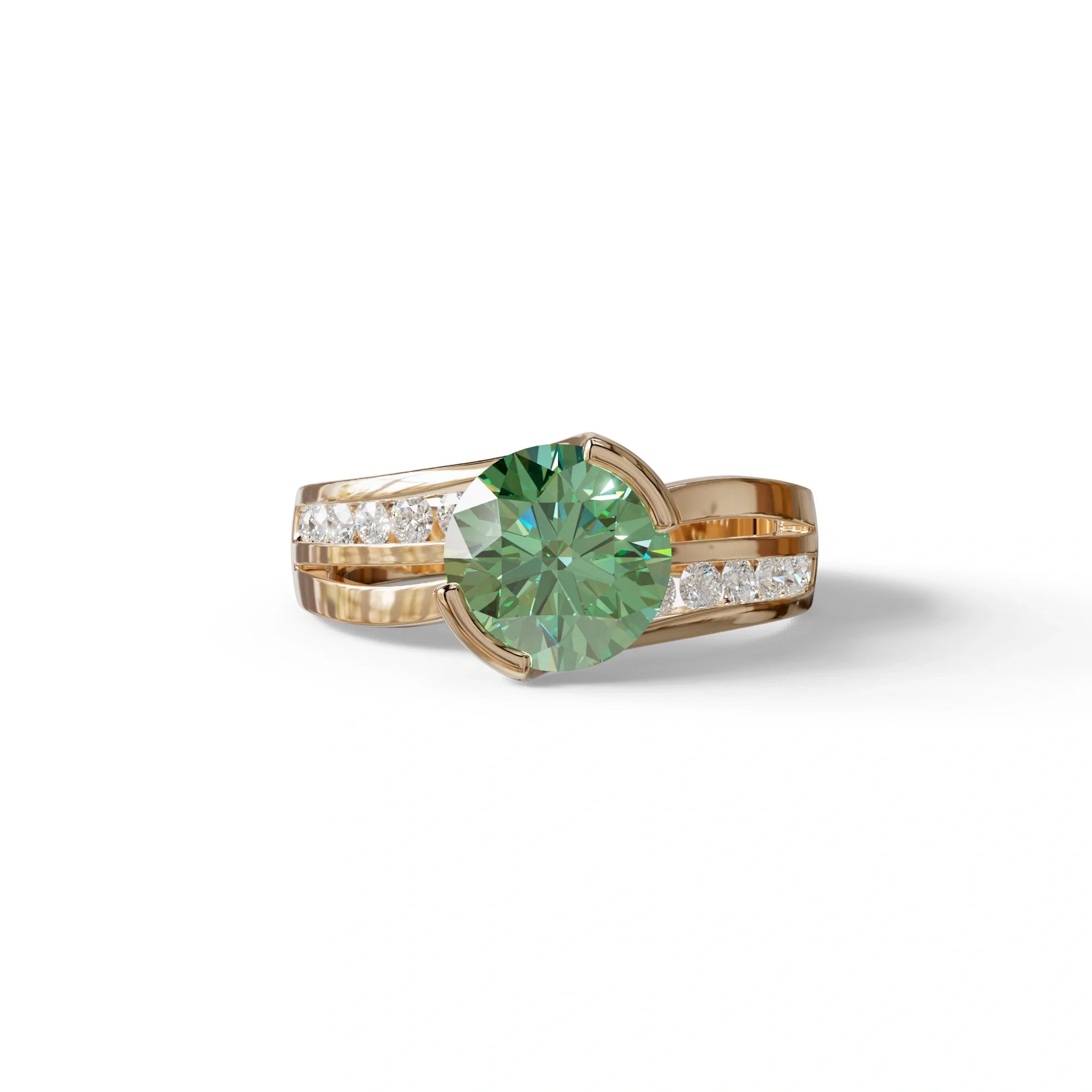 2 Carat Green Round Shaped Channel Set Lab Diamond Engagement Ring - Avonlea - 10K Solid Gold / Rose Gold