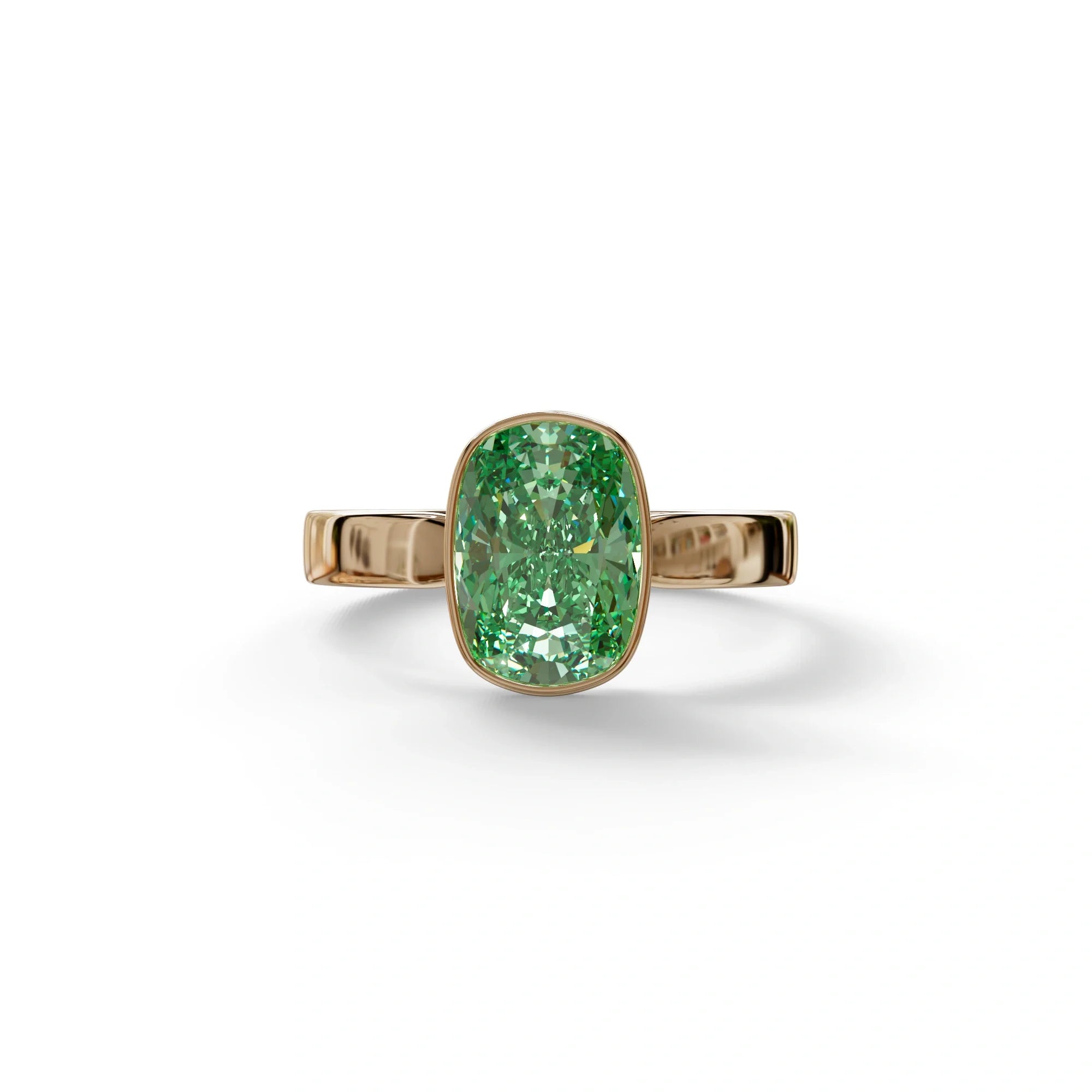 3 Carat Green Elongated Cushion Cut Bezel Set Engagement Ring - Astrae - 10K Solid Gold / Rose Gold