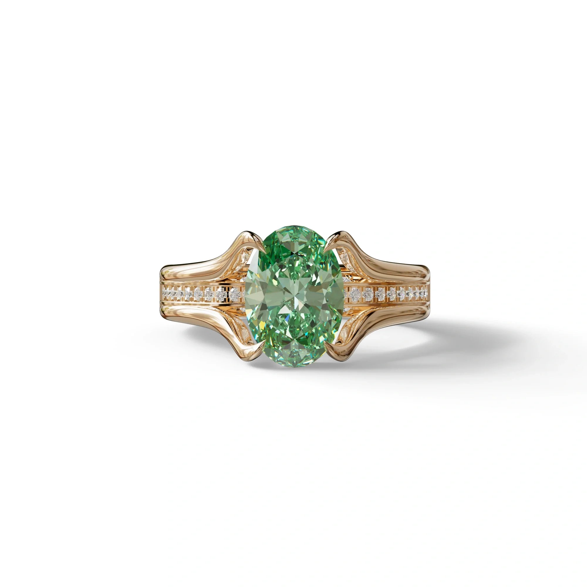 3 carat Fancy Vivid Green Oval Cut Lab Grown Diamond Pave set Engagement Ring– Beverly - 10K Solid Gold / Rose Gold
