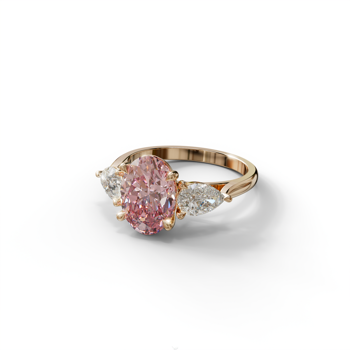 3 Carat Fancy Pink Oval & Pear Cut Three Stone Lab Diamond Ring – 10K 14K 18K Gold