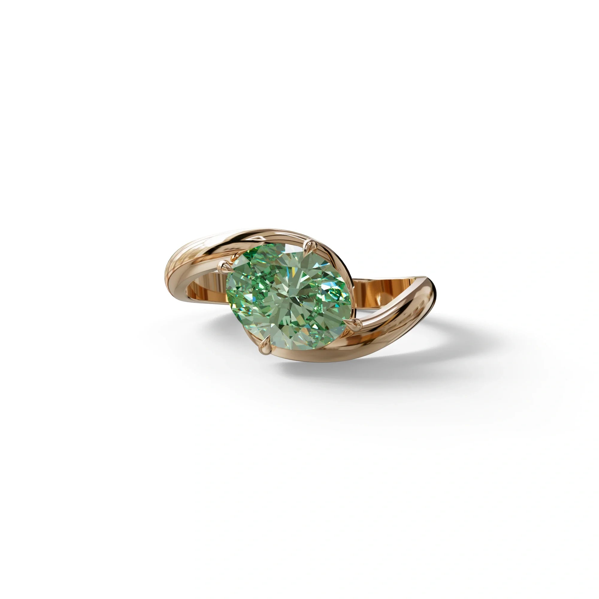 2 Carat Fancy Vivid Green Oval Cut Lab Diamond Ring - Estella - 10K Solid Gold / Rose Gold