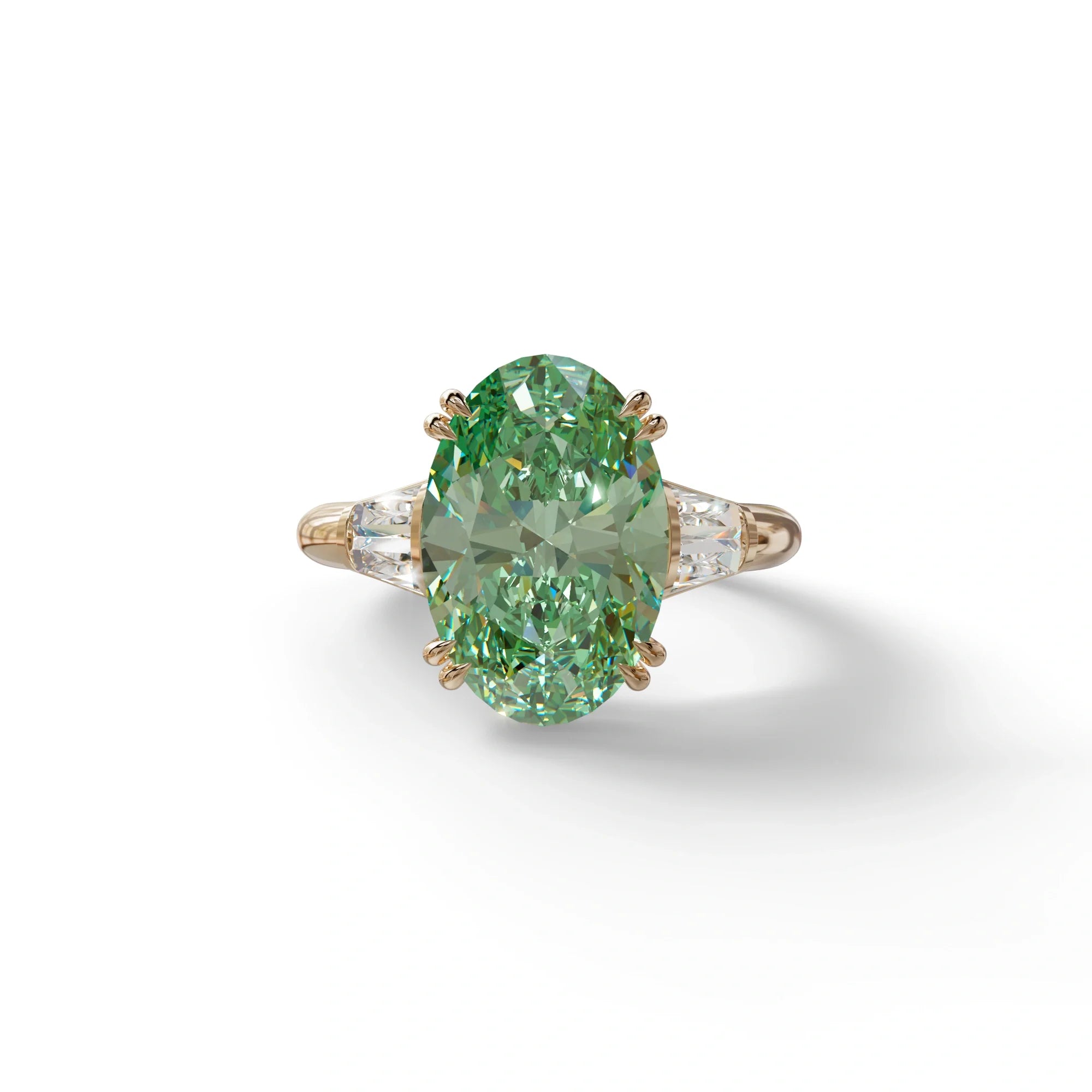 3 Carat Green Oval & Baguette Lab Diamond Ring - Persi - 10K Solid Gold / Rose Gold