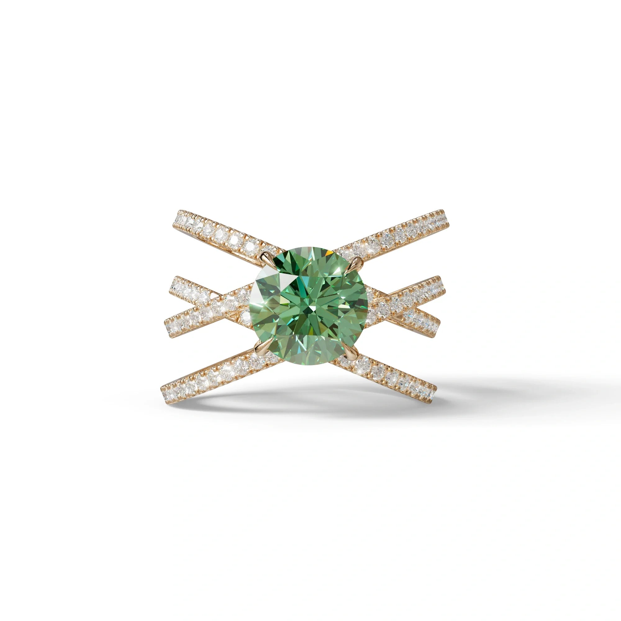 1.5 Carat Green Round Cut Criss Cross Lab Diamond Ring - Elegant - 10K Solid Gold / Rose Gold