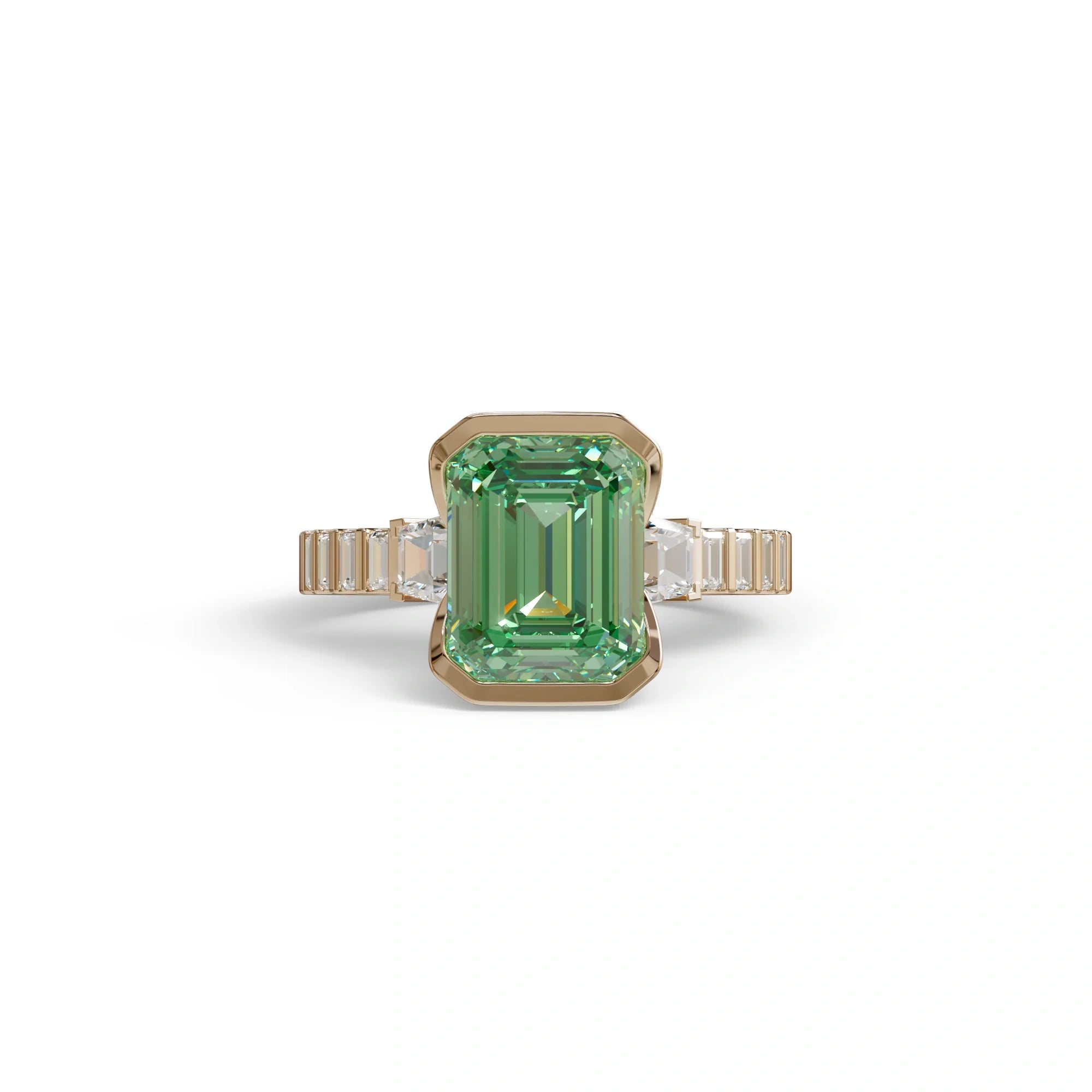 3 Carat Green Color Emerald Cut Three Stone Lab Diamond Engagement Ring | Bezel Set Ring - Gatsby - 10K Solid Gold