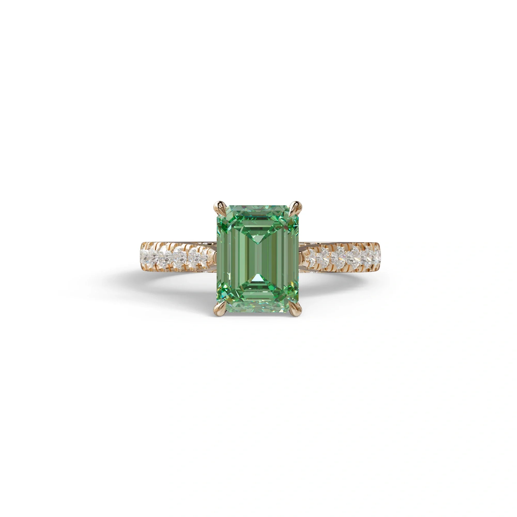 2 Carat Green Emerald Cut Hidden Halo & Pave Lab Diamond Ring - Siara - 10K Solid Gold / Rose Gold