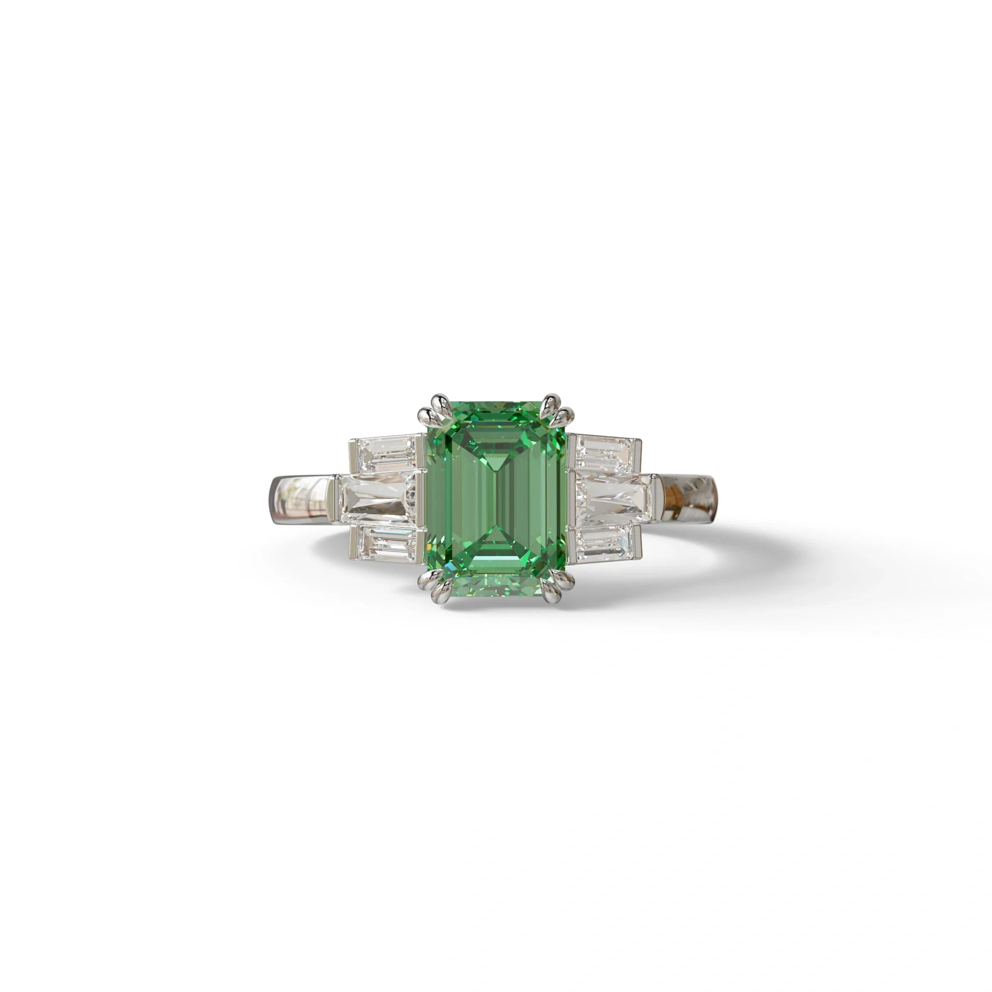 3 Carat Emerald Cut Green Lab Grown Diamond Multi Stone Ring Ring - Leela - 10K Solid Gold / White Gold