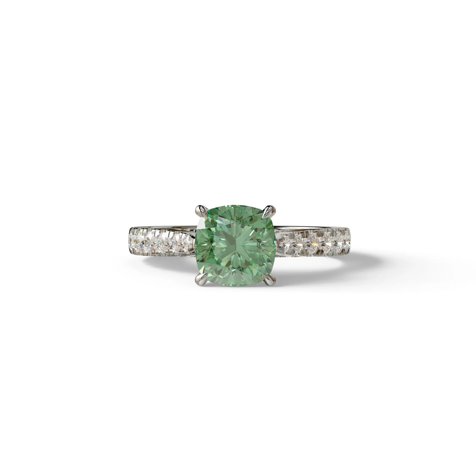 2 Carat Green Color Cushion Cut Lab Diamond Engagement Ring set - Leo - 10K Solid Gold / White Gold
