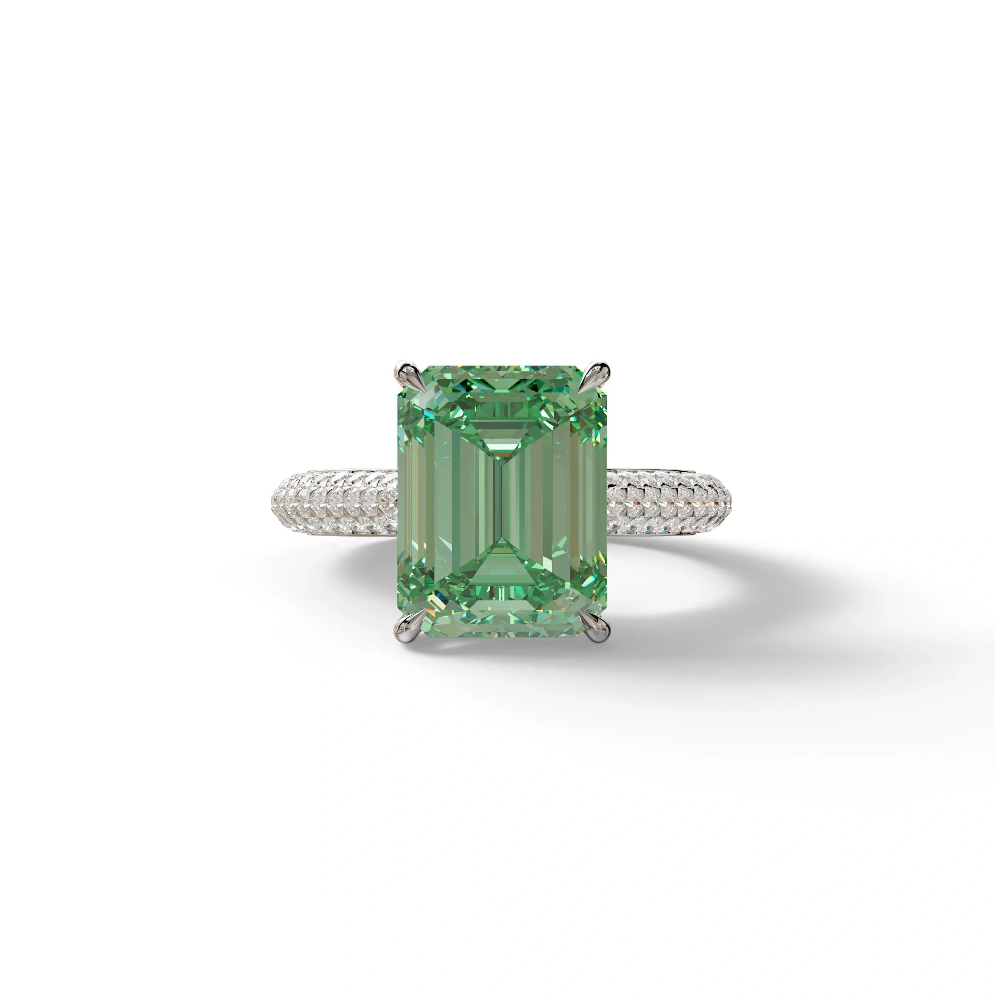 3 Carat Green Emerald Cut Hidden Halo & Pave Set Lab Diamond Ring - Emme - 10K Solid Gold / White Gold