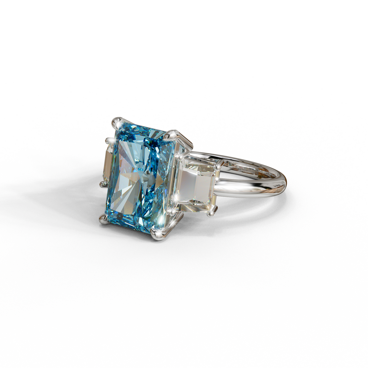 4 Carat Blue Radiant & Trapezoid Three Stone Engagement Ring - Embrace