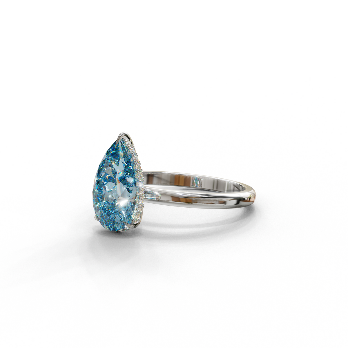 3.5 Carat Blue Pear Cut Hidden Halo Lab Grown Diamond Ring