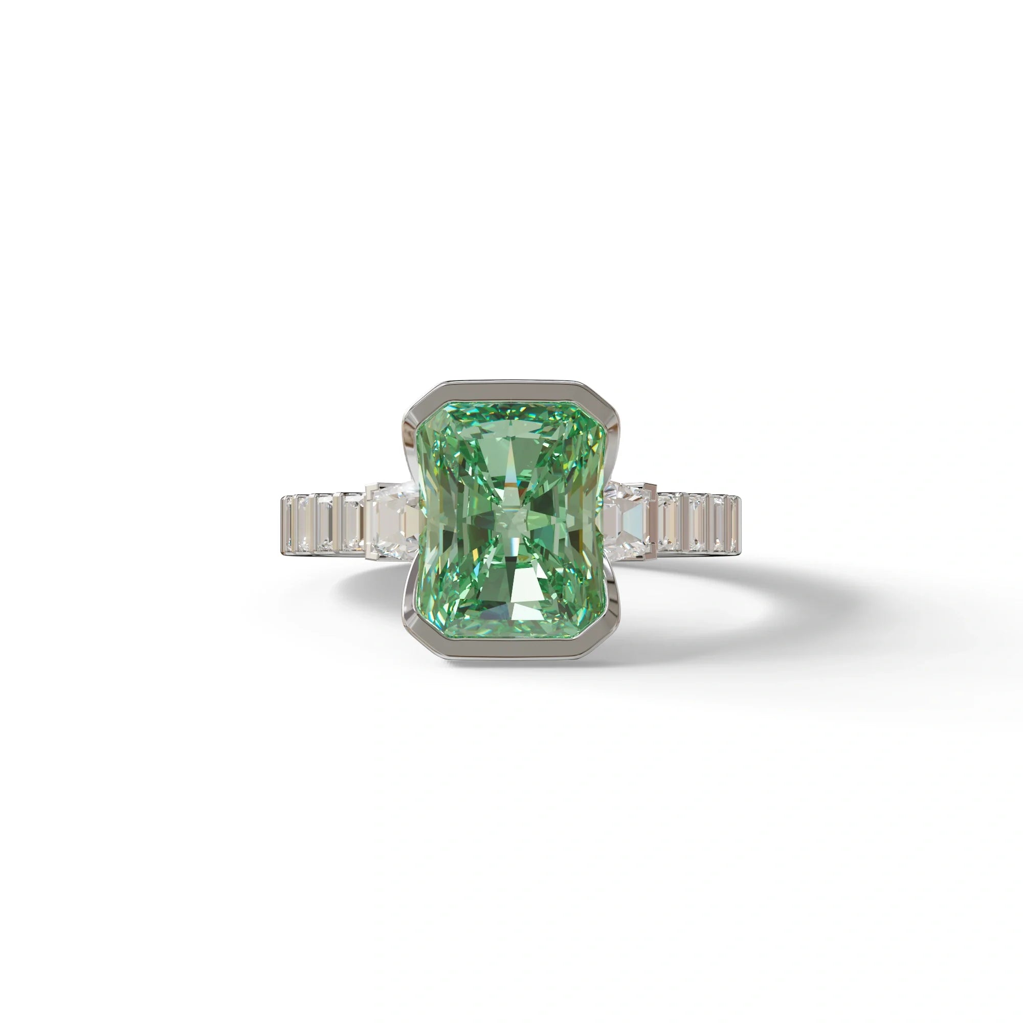 3 Carat Green Radiant Cut Three Stone Lab Diamond Engagement Ring - Adiamor - 10K Solid Gold / White Gold