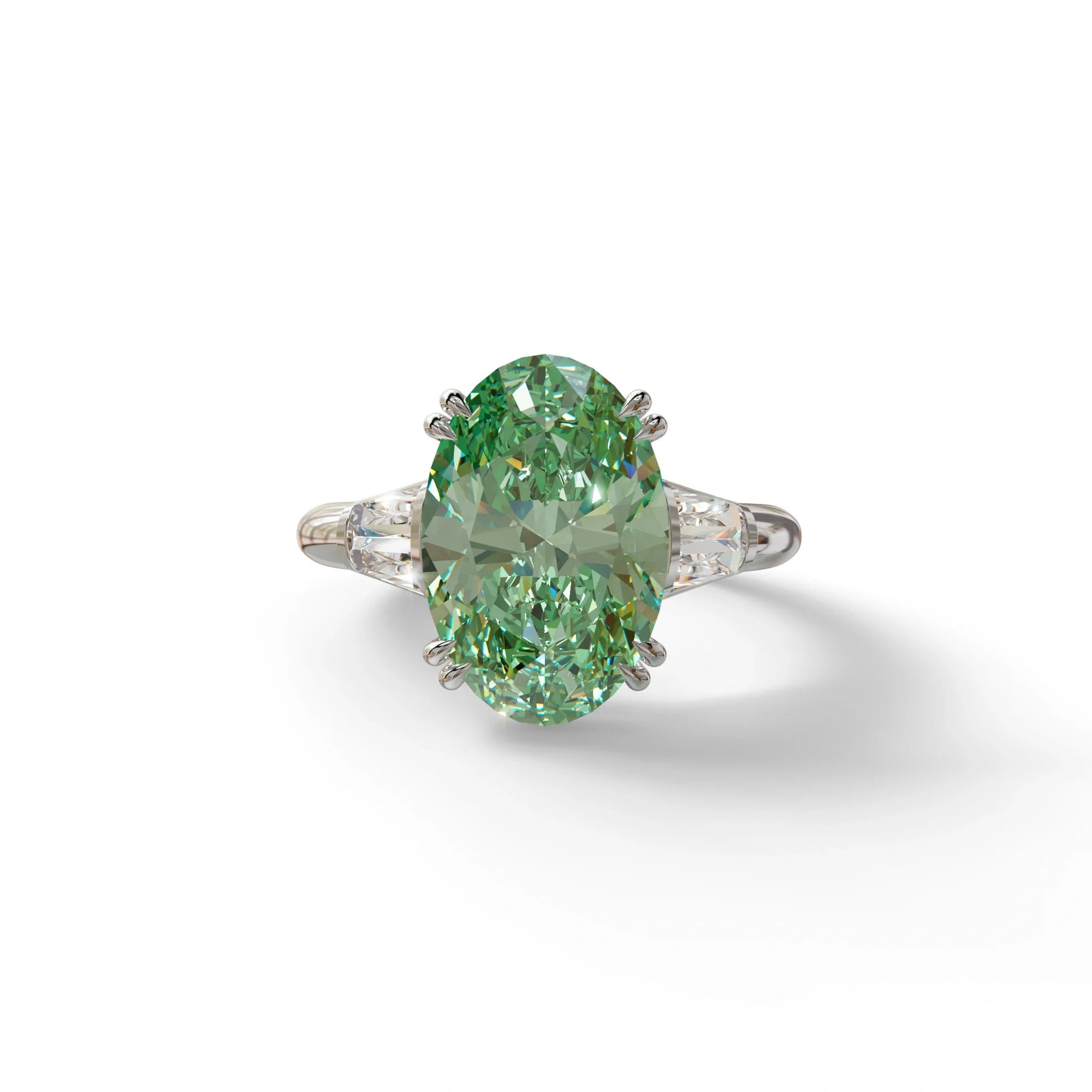 3 Carat Green Oval & Baguette Lab Diamond Ring - Persi - 10K Solid Gold / White Gold