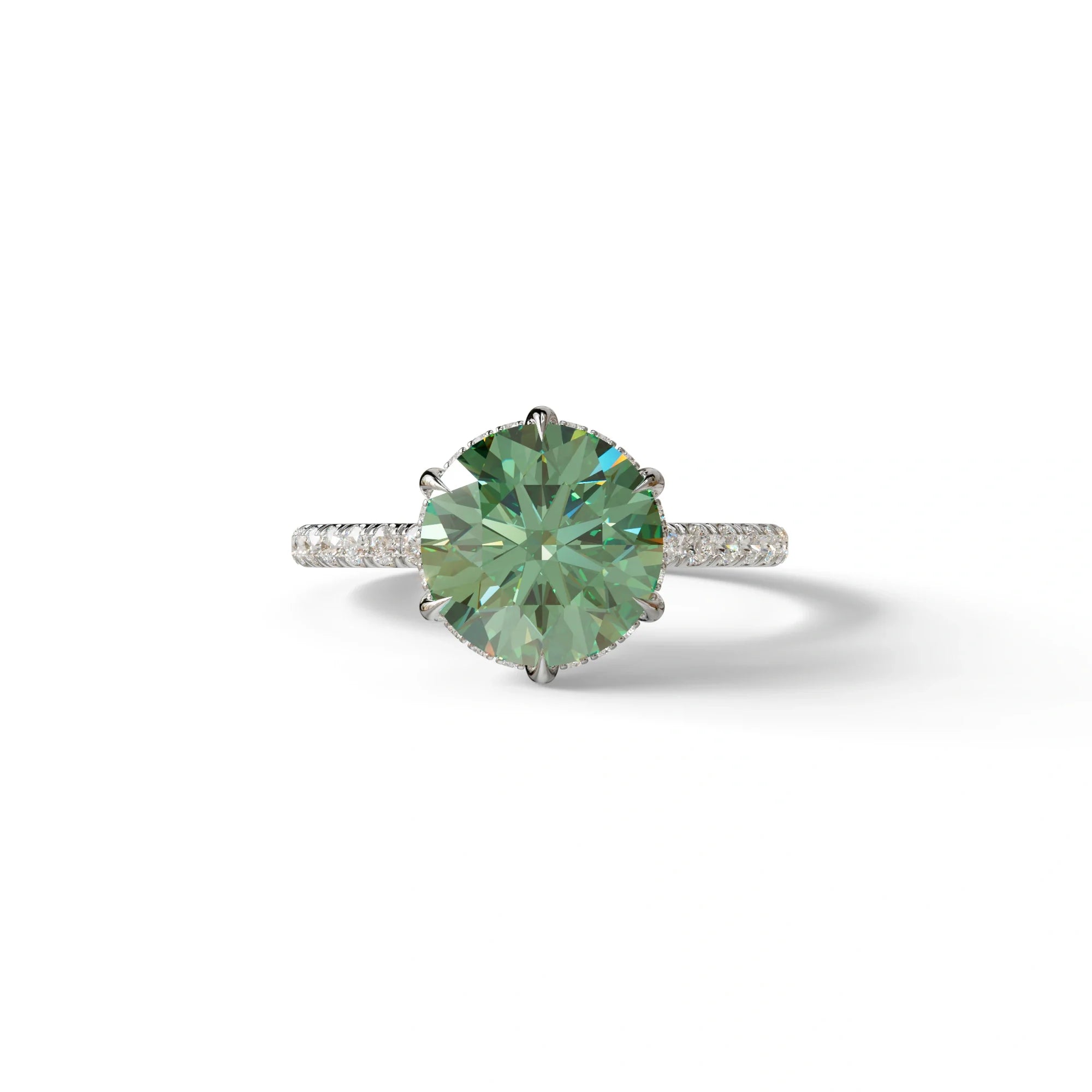 2.5 Carat Green Round Cut Hidden Halo & Pave Lab Diamond Ring - Hyper Saga - 10K Solid Gold / White Gold