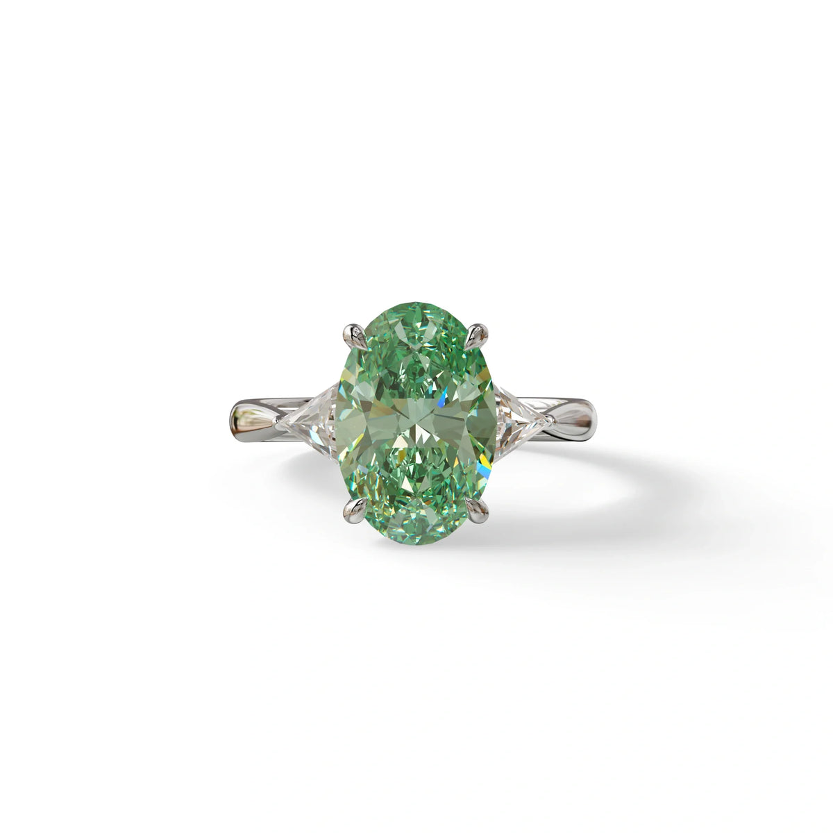 3Ct Green Oval Cut Lab Grown Diamond Three Stone Engagement Ring - Myza - 10K Solid Gold / White Gold