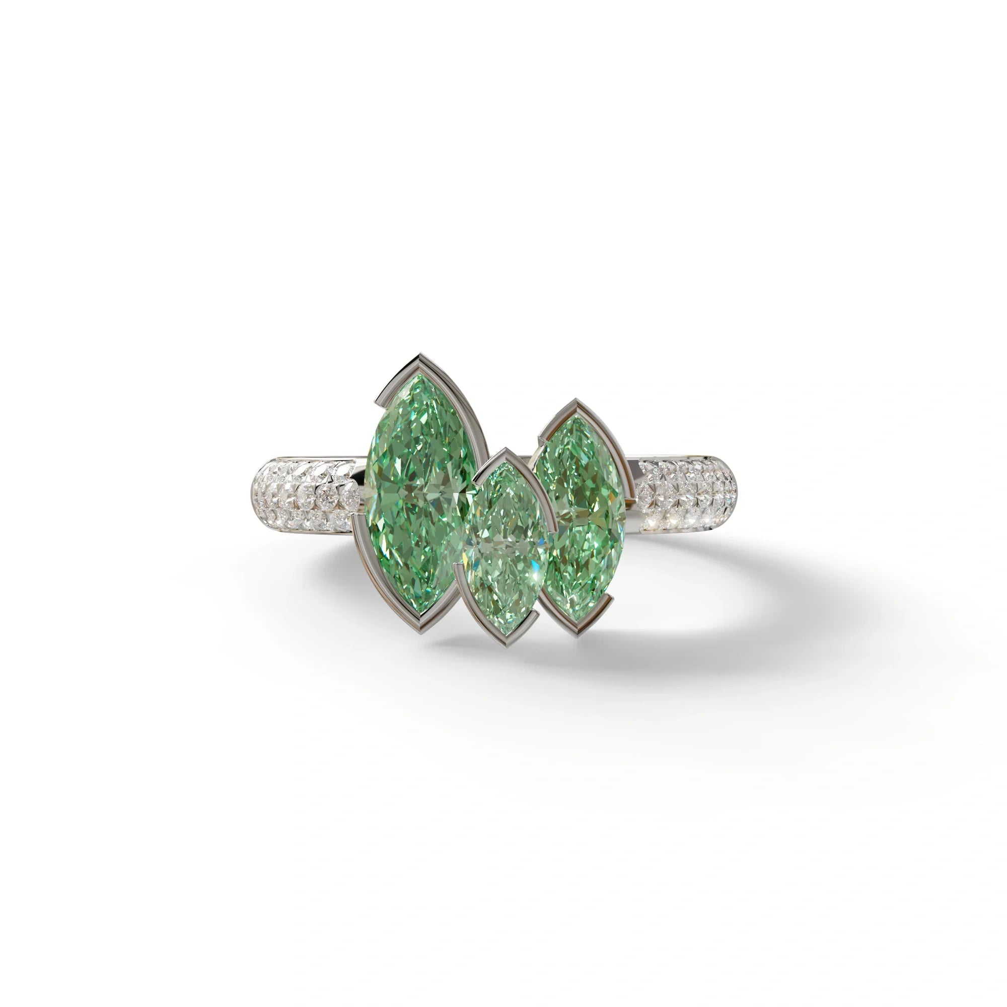 3 Stone 1.75 Ct Green Marquise Cut Pave Setting Lab Diamond Ring - Dutch - 10K Solid Gold / White Gold