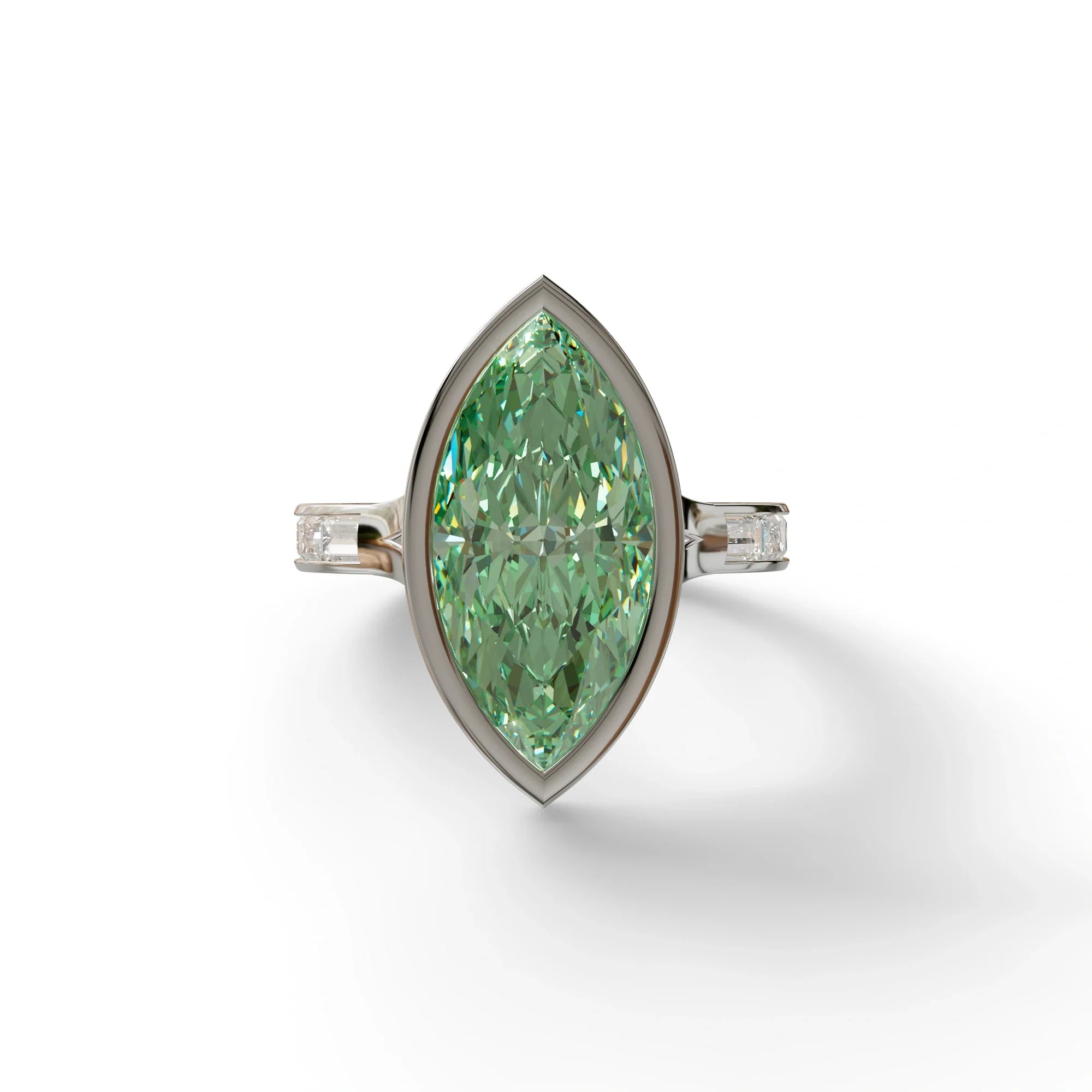 3 Ct Marquise Cut Green Color Lab Diamond Ring With Bezel Set - Kayla - 10K Solid Gold / White Gold