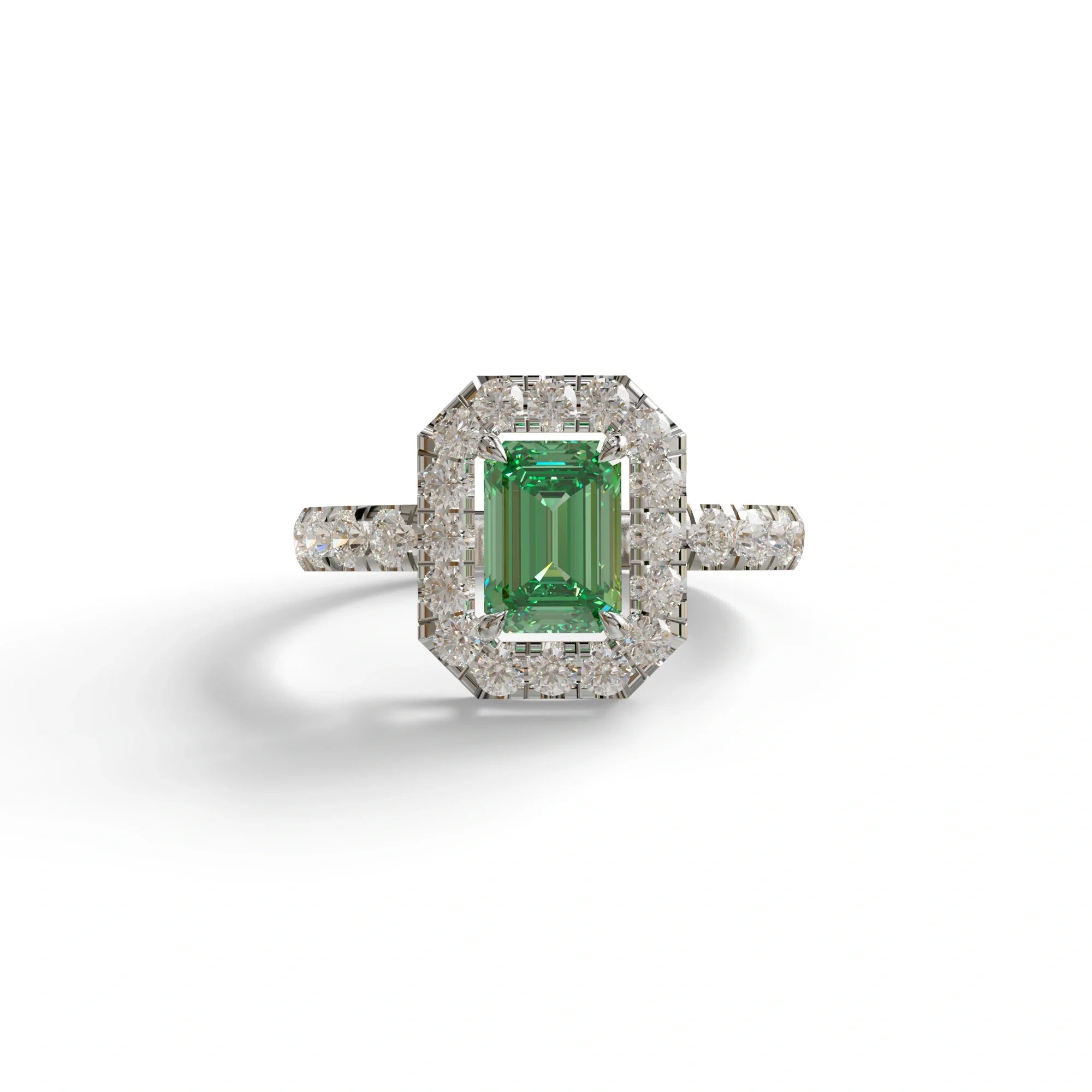 1 Carat Fancy Vivid Green Emerald Cut Lab Grown Diamond Engagement Ring - Freesia - 10K Solid Gold / White Gold