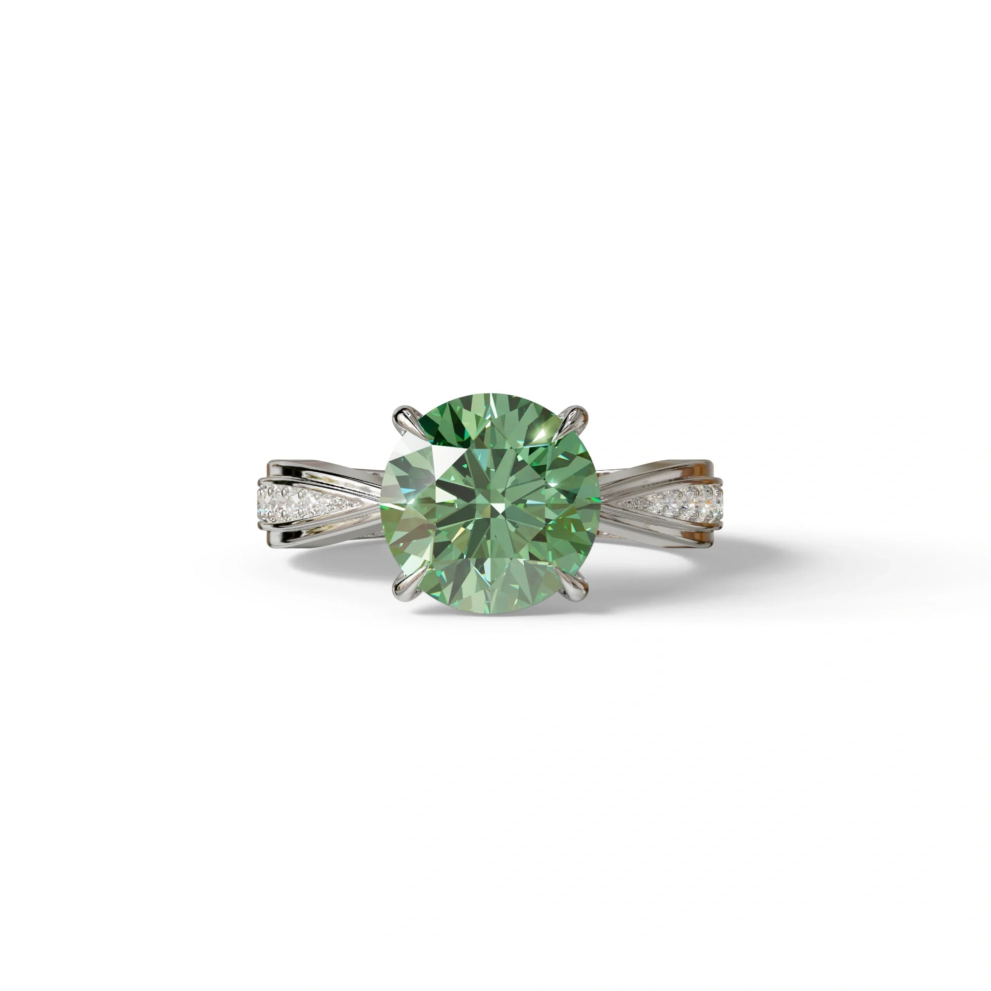 2.5 Carat Green Round Shaped Lab Diamond Ring V-Shank Pave Setting -Je t’adore - 10K Solid Gold / White Gold