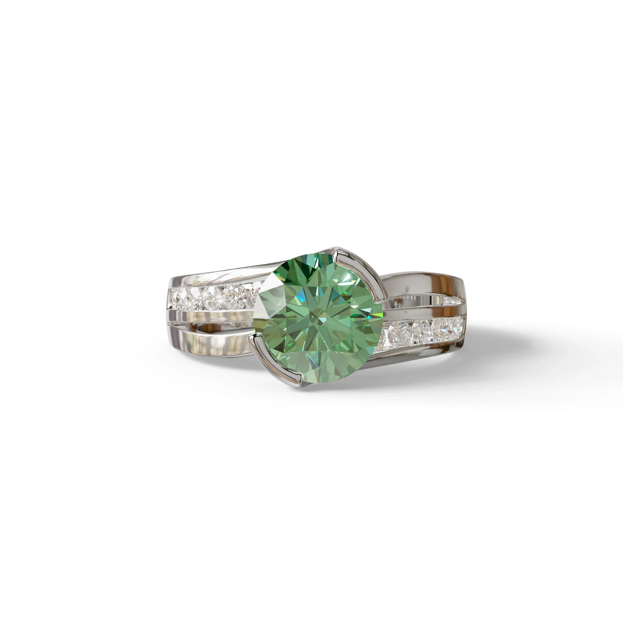 2 Carat Green Round Shaped Channel Set Lab Diamond Engagement Ring - Avonlea - 10K Solid Gold / White Gold