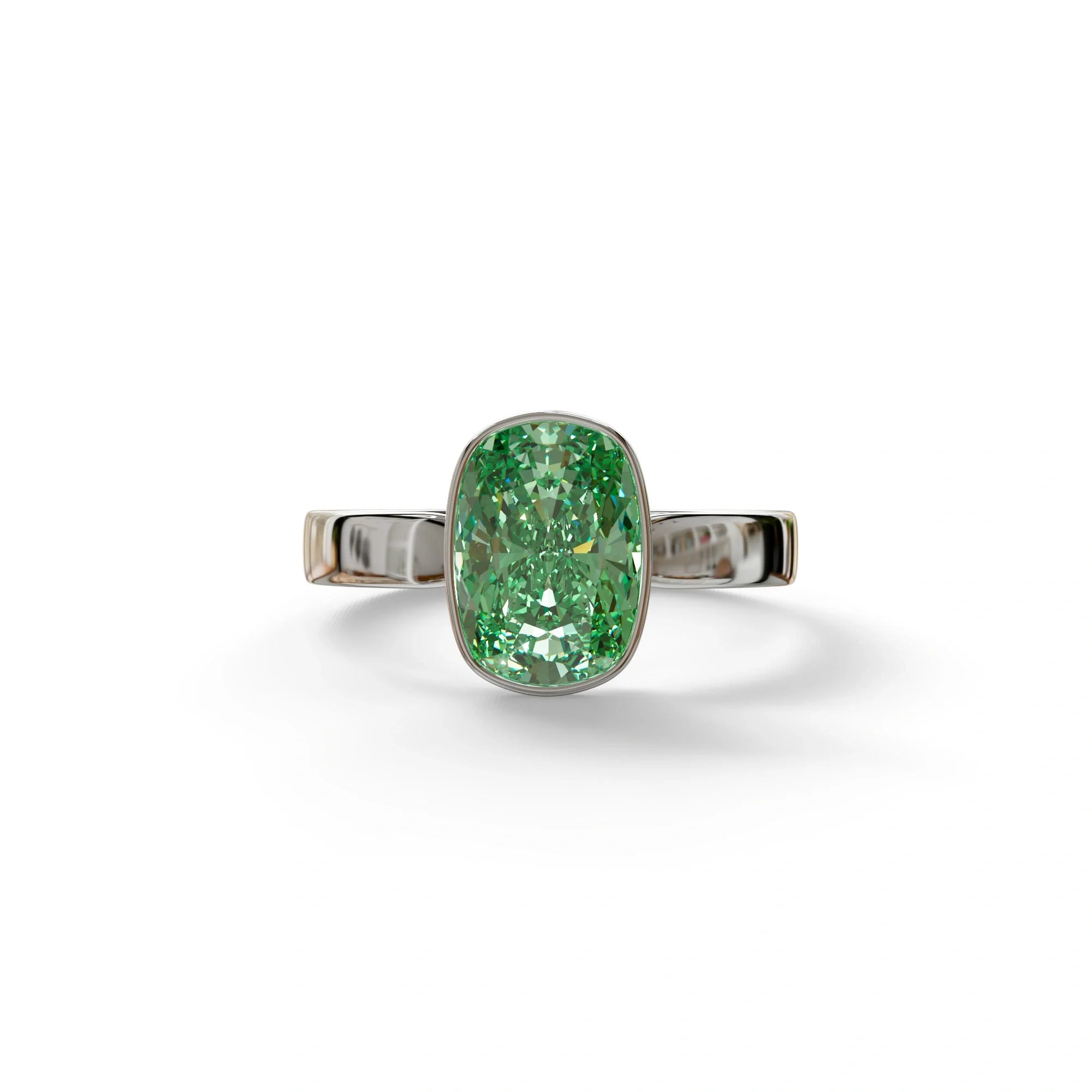3 Carat Green Elongated Cushion Cut Bezel Set Engagement Ring - Astrae - 10K Solid Gold / White Gold