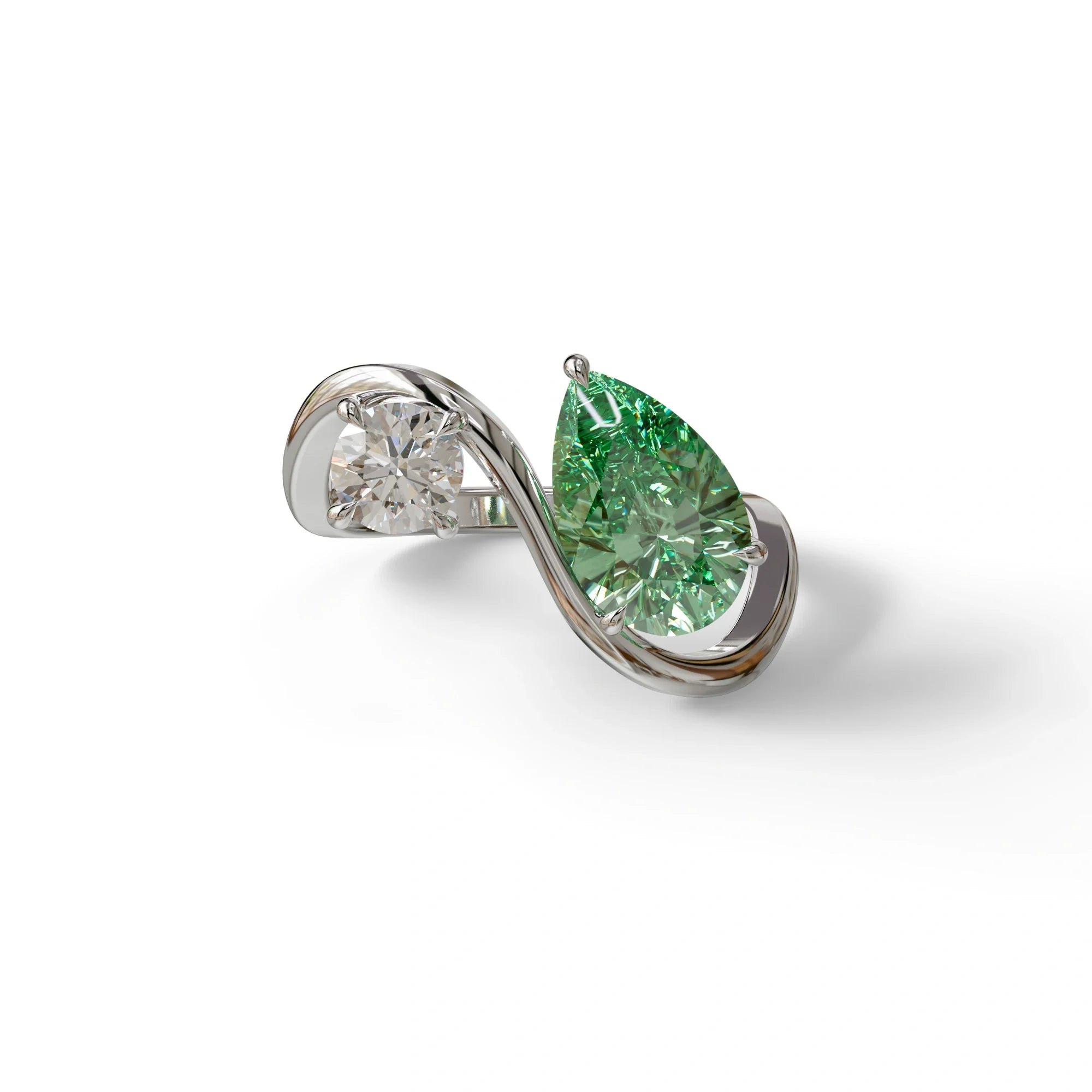 2.8 Carat Green Pear and Round Cut Lab Diamond Engagement Ring - Toi Et Moi - 10K Solid Gold / White Gold