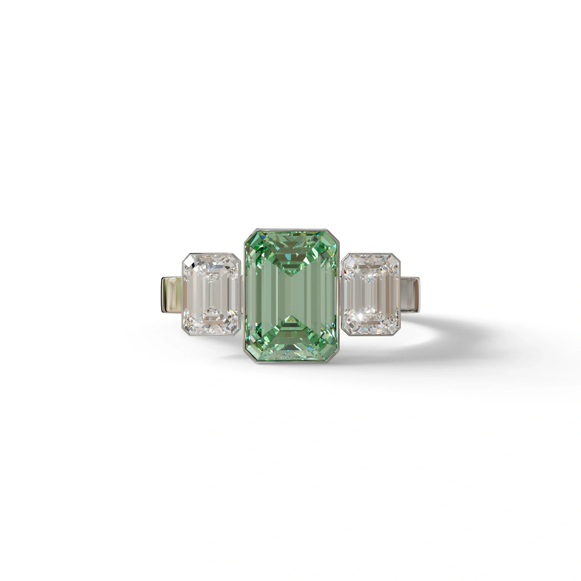 Three Stone 3 Carat Emerald cut Green Lab Grown Diamond Engagement Ring - Elaris - 10K Solid Gold / White Gold