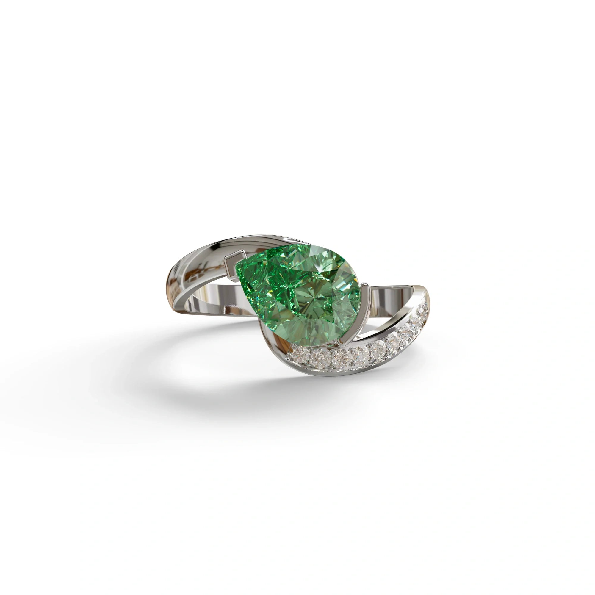 1 Carat Green Pear Cut Unique Lab Grown Diamond Ring - Capricorn - 10K Solid Gold / White Gold